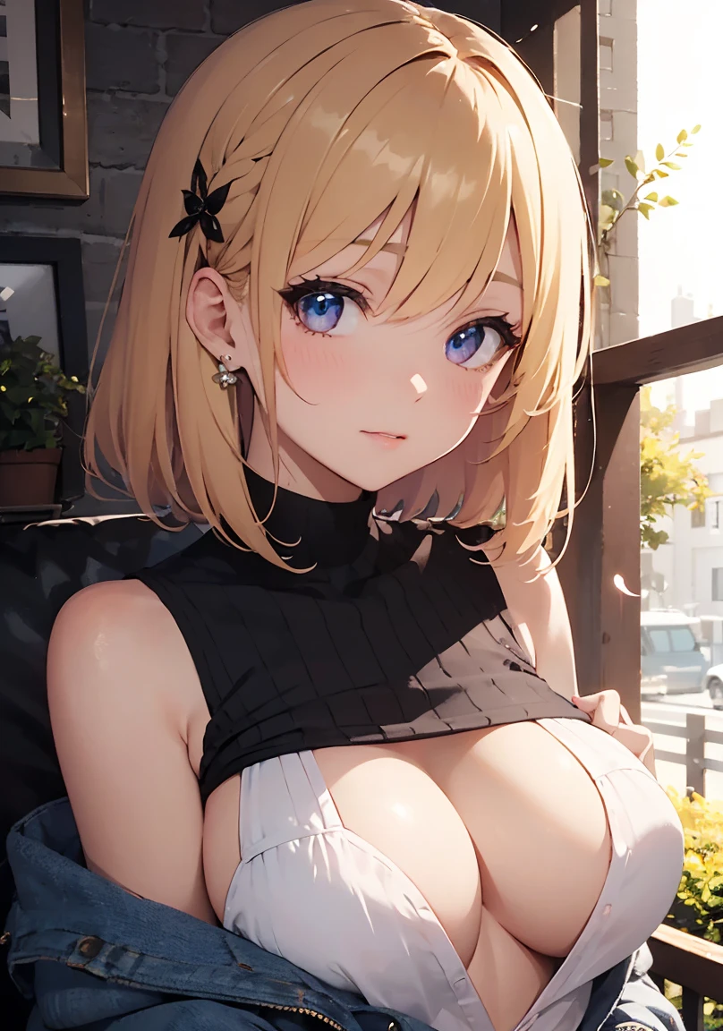 masterpiece, absurdres, best quality, ultra detailed, high Resolution, detailed illustration, extremely beautiful detailed face and eyes, Delicate beautiful face, bright colour, 1girl, cute face, magenta eyes, sparkling eyes, big eyes, medium breasts, (perky breasts:1.1), (pointy breasts:1.1), medium hips, glamorous body, white skin, happy, BREAK, long bob cut, (blonde hair:0.8), messy hair, detailed hair, shiny hair, BREAK Maxi sweater, Paislash, tiny ribbon, park, real world, natural lights, perfect lighting, outdoor,
