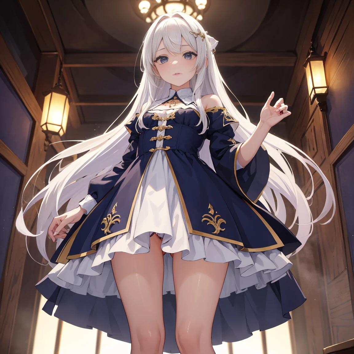 Create a perfect cob image full hd 8k resolution, estilo anime, estilo hentai, de cuerpo completo de una chica madura hermosa, solo, standing in a classroom, pelirroja de cabello largo, ojos azules, pechos medianos, muslos gruesos, piel morena claro, excessive pubic hair, vistiendo un mini vestido pomposo de estilo medieval, mini bragas blancas ajustadas, camell toe, entrepierna expuesta, blusa transparente, vistazo de los pechos, pezones marcados, escote abierto, pechos pesados,