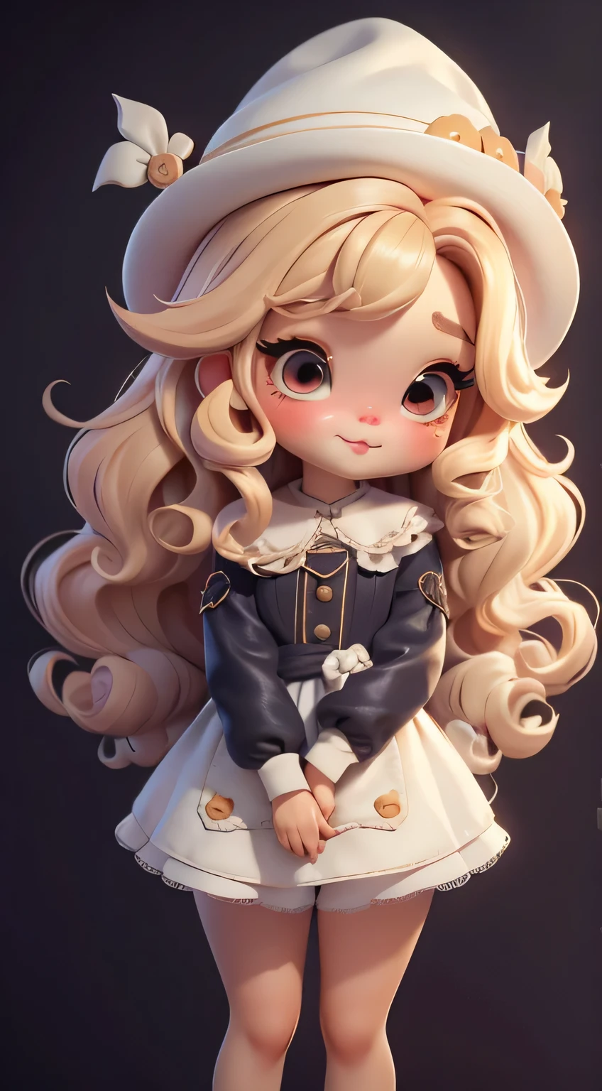 Create a collection of adorable doll-style chibi baby skins，Featuring scary and cute Halloween themes, Each with tons of detail and 8K resolution. All dolls should follow the same solid color background pattern and be complete within the image, exhibit (whole body, including legs: 1.5)

Boneka Mini Halloween: Call her Marina. She must have long curly hair, black, Dorado and Laranga pastels. Your eyes should be large and expressive, long eyelashes and rosy cheeks. Smile is delicate and white. The dock owes this Westida westido preto Dorado, a gorgeous hat. She should bring Halloween accessories. Certifique-se de adicionar detalhes nas clothing, such as buttons and pockets, Bonito Advanced Certificate, Hair texture and details, clothing, halloween supplies, Make them more cute and charming.