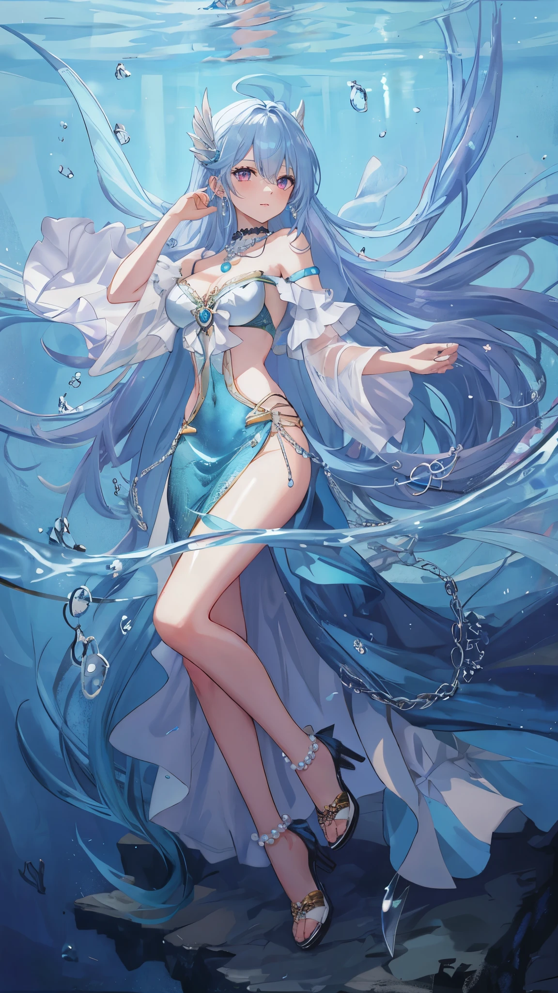 海long blue hair,close up,dream world,Mermaid girl, 海long blue hair,Nice pink eyes,underwater,tear nevus,Mermaid ears,(pearl head chain,necklace),necklace,Long off-the-shoulder blue dress,humanoid, Poseidon temple background, her skin is white, fair complexion,pink eyes,long blue hair, High heel,black legs,tattoo