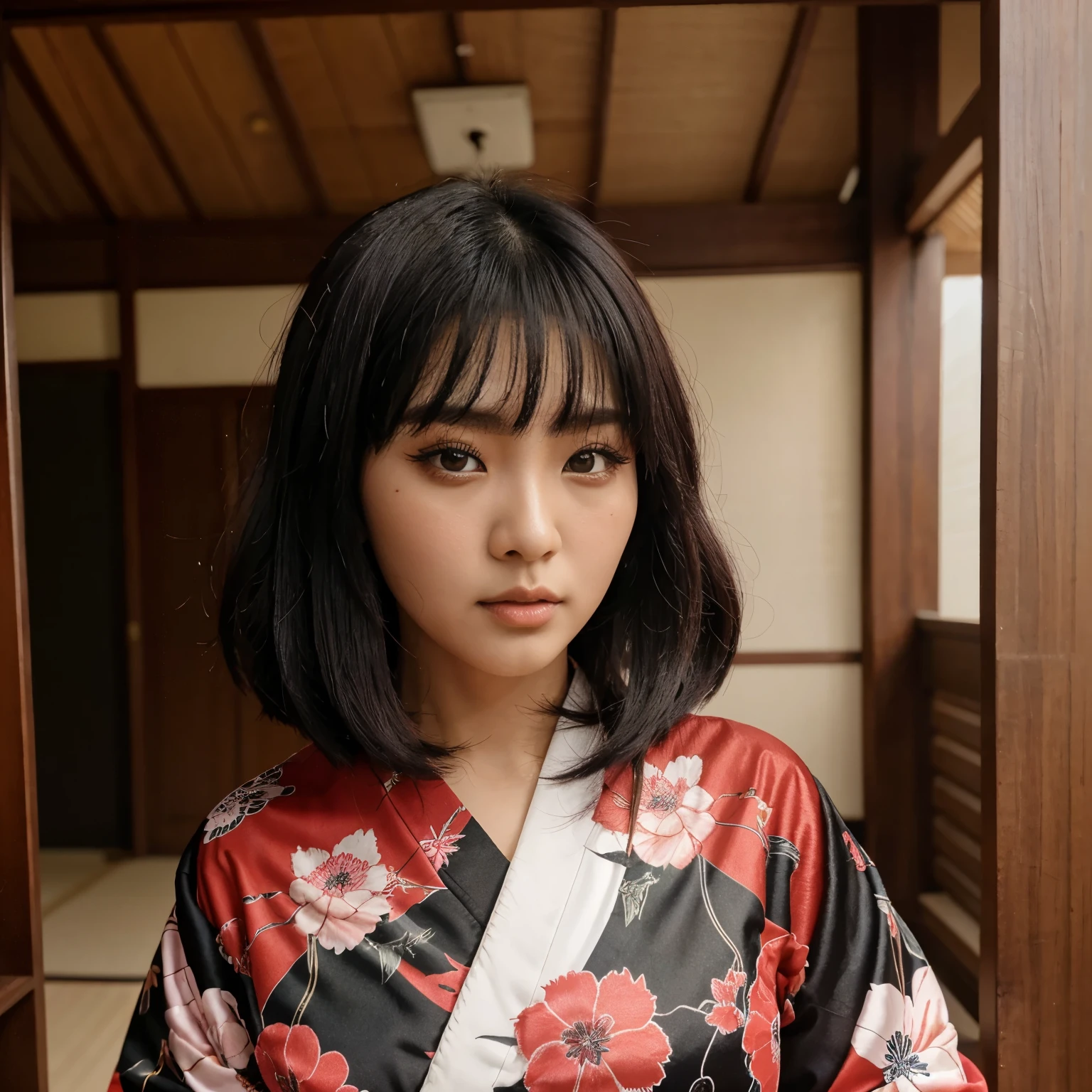 Seorang gadis dengan rambut putih panjang dengan warna mata merah yang mengenakan kimono hitam sembari memegang mahkota emas dengan senyuman di wajahnya