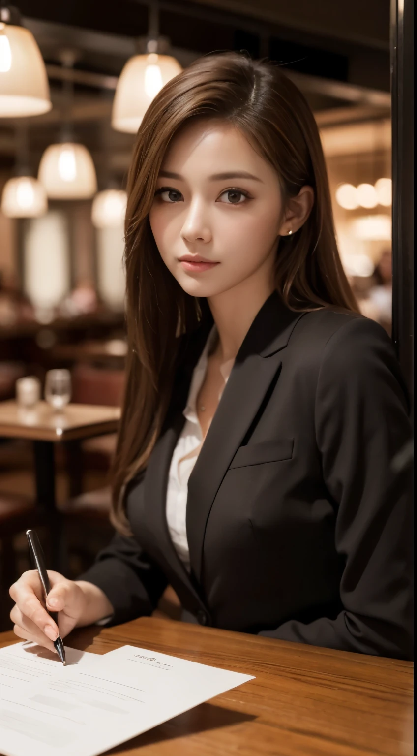 masterpiece, highest quality, realistic, super detailed, small details, High resolution, 8k wallpaper, 1 beautiful woman, Wear casual business wear, In a great restaurant, At night, light brown messy hair, perfect dynamic composition, beautiful and fine eyes