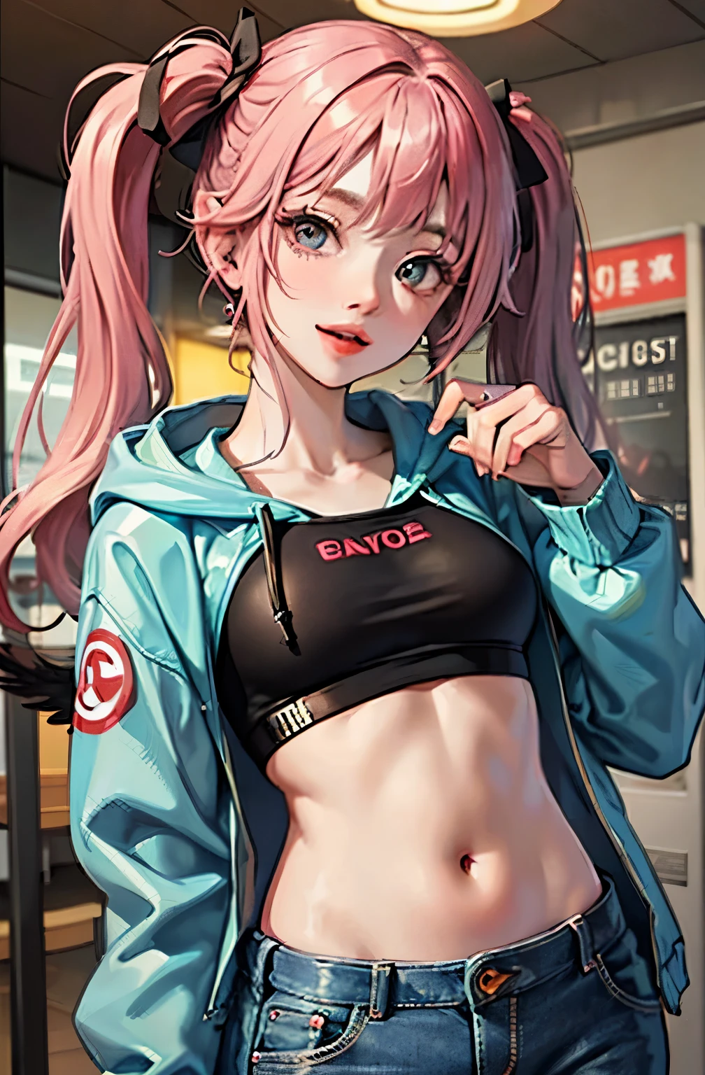 pink hair. Pigtails. long hair. cut off long pants. hoodie. earrings. big smile. In the game center. white wings. belly button. Futomo. belly button out. hoodie.