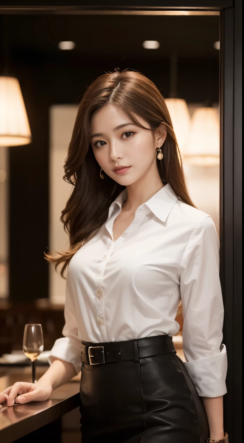 masterpiece, highest quality, realistic, super detailed, small details, High resolution, 8k wallpaper, 1 beautiful woman, Wear casual business wear, In a great restaurant, At night, light brown messy hair, perfect dynamic composition, beautiful and fine eyes