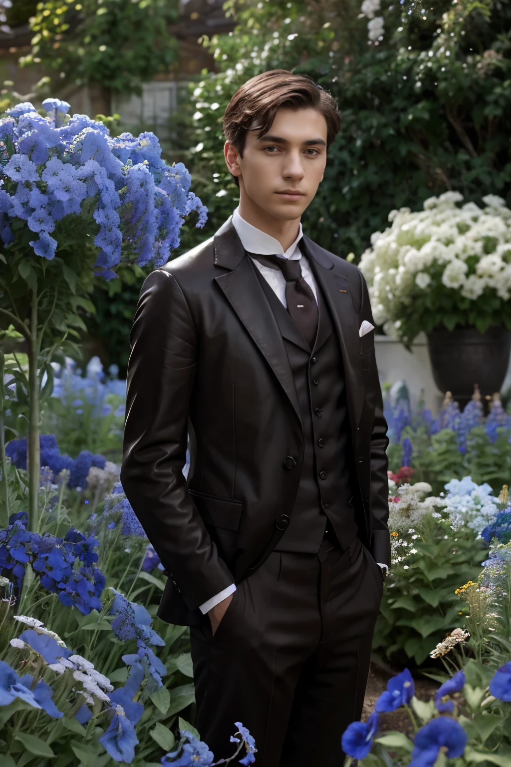 Young skinny, short boy 18 years old, dressed in a brown suit in the fashion of the late nineteenth century Victorian era, stands in the garden among growing blue delphiniums, who are taller than him, he admires them and touches them, day light, a high resolution, professional photography of excellent quality, natural detailed leather texture, 8k. Delphiniums are taller, than a young man, they surround him on all sides.