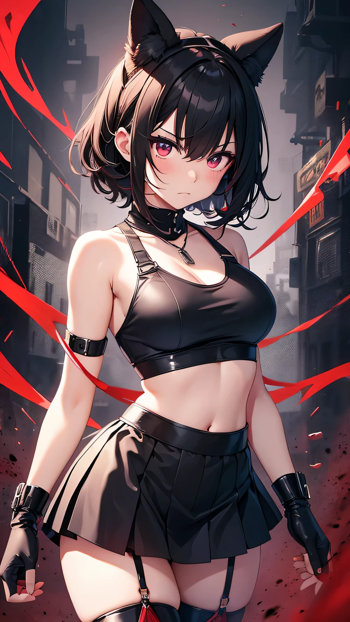 最high quality、best image quality、masterpiece、teenage girl((18-year-old、 By becoming、vest bust、medium bust,wide open breast tea、black eye, black hair、shortcut、short hair、thin,highest valley、Perforated gloves、Hachimaki、My whole body is full of scars、black tank top、red short skirt、anger expression、red necklace、black stockings、red boots、red heat mask)),high quality、beautiful art、background((Dark road、Red rain、red lighting、Red Moon、bloody road、dark city)),debris flies、Depth of written boundary、movie、visual art、perfect art、8K,genuine