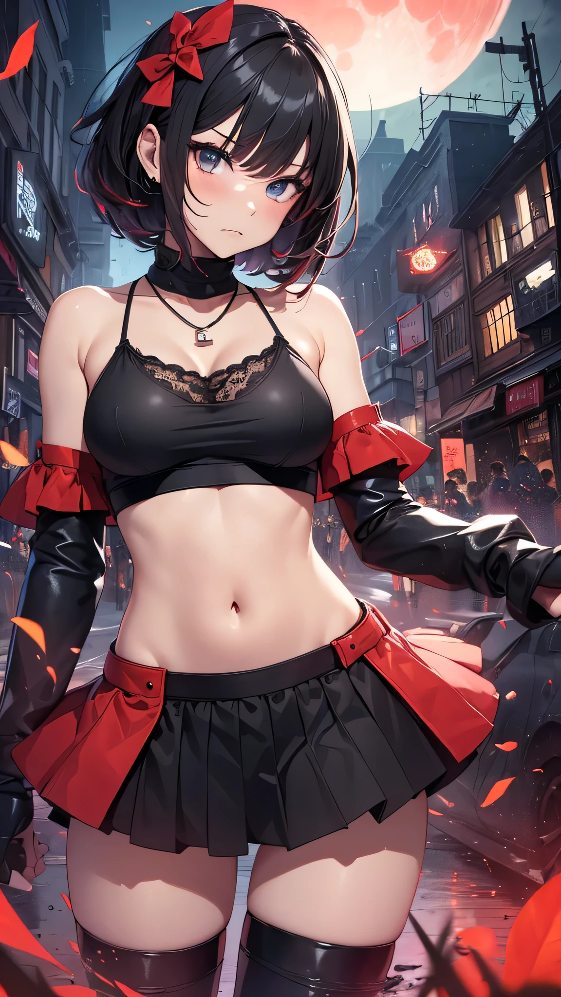 最high quality、best image quality、masterpiece、teenage girl((18-year-old、 By becoming、vest bust、medium bust,wide open breast tea、black eye, black hair、shortcut、short hair、thin,highest valley、Perforated gloves、Hachimaki、My whole body is full of scars、black tank top、red short skirt、anger expression、red necklace、black stockings、red boots、red heat mask)),high quality、beautiful art、background((Dark road、Red rain、red lighting、Red Moon、bloody road、dark city)),debris flies、Depth of written boundary、movie、visual art、perfect art、8K,genuine