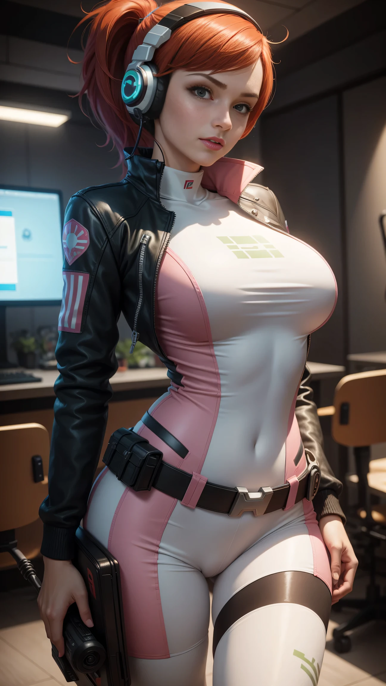 gwen tennyson,tracer,d.va,rebecca chambers,overwatch,gundam,1girl,close up,mecha pilot,spacecraft,orange and pink plugsuit,aviator jacket,hair pin,pirate corset,white long sleeve lycra top,white leggings,short hair,cute makeup,green eyes,orange and pink hair,shy smile, freckles,redhead,beautiful girl,large breasts,ultra detailed,realistic,fantasy art, gaming room,gaming headset,