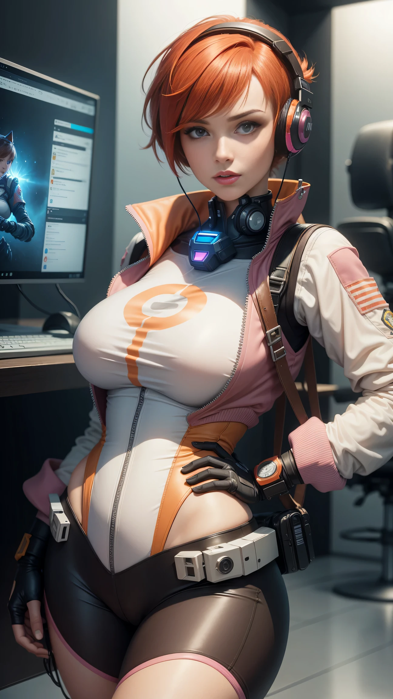 gwen tennyson,tracer,d.va,rebecca chambers,overwatch,gundam,1girl,close up,mecha pilot,spacecraft,orange and pink plugsuit,aviator jacket,hair pin,pirate corset,white long sleeve lycra top,white leggings,short hair,cute makeup,green eyes,orange and pink hair,shy smile, freckles,redhead,beautiful girl,large breasts,ultra detailed,realistic,fantasy art, gaming room,gaming headset,