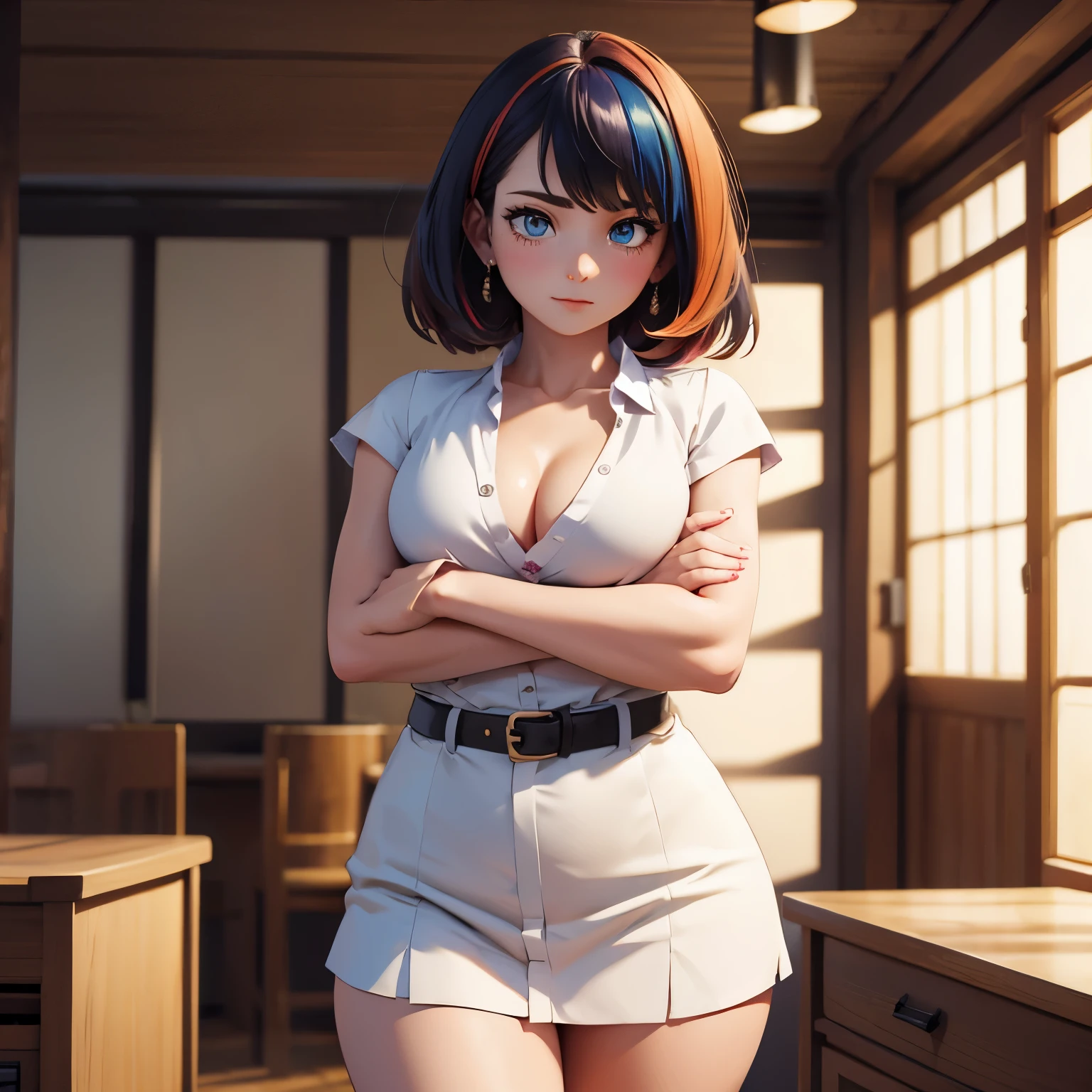 masterpiece, best quality, ultra detailed, highres, high-resolution, highly detailed, super detailed skin, detailed beautiful eyes, detailed beautiful face, highly detailed background, 1 japanese girl, 18 years old, tall and plump body, huge breasts, thin waist, big hip, thick thighs, pixie cut, very shot hair, multi colored hair, cowboy shot, indoor, busy pub, surrounded by many people, wearing Office lady-like clothes, (clossed arms under chest:2)