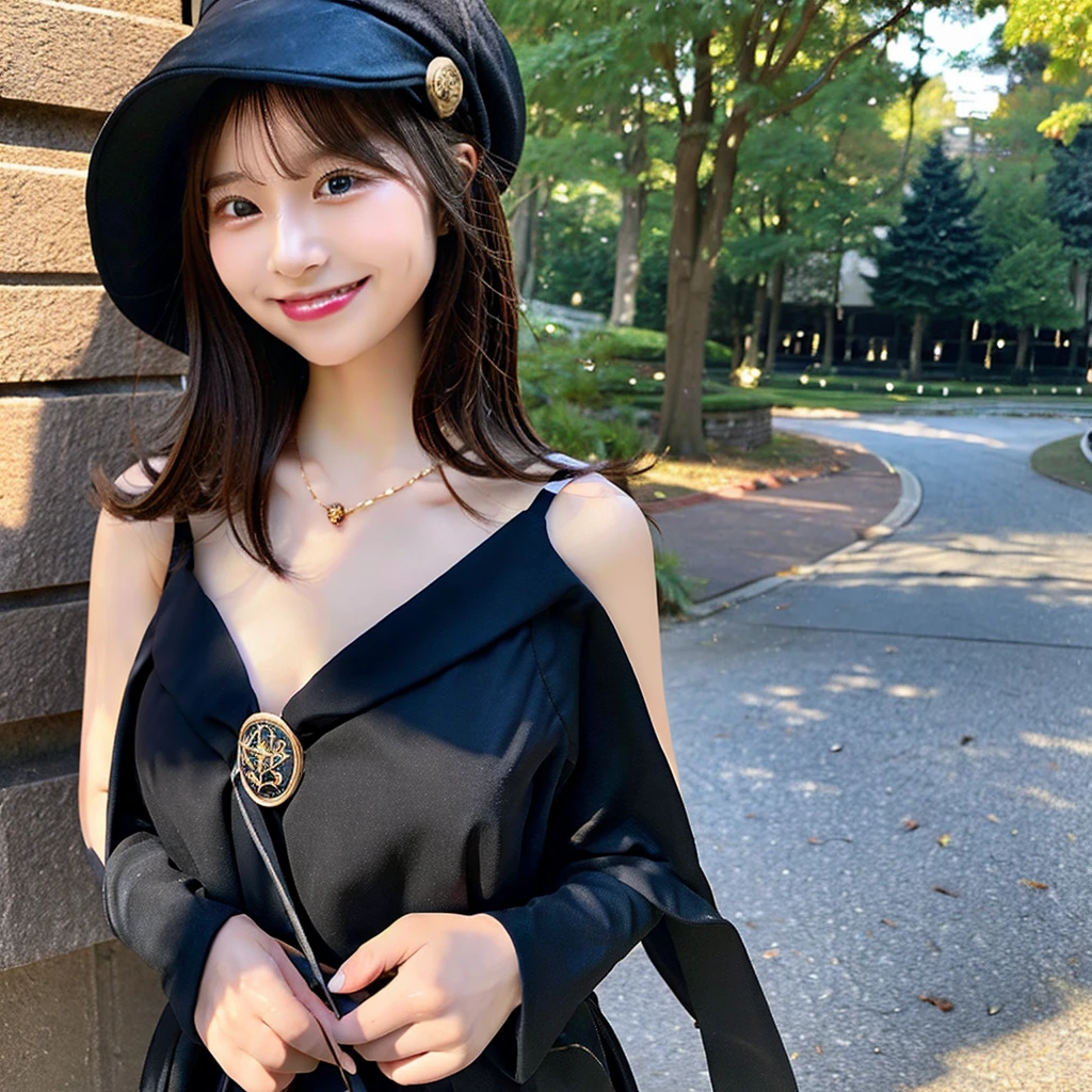 (masterpiece:1.2), (best quality:1.2), dark wizard girl, small breasts, neckline,.hat, facing forward, Smile,