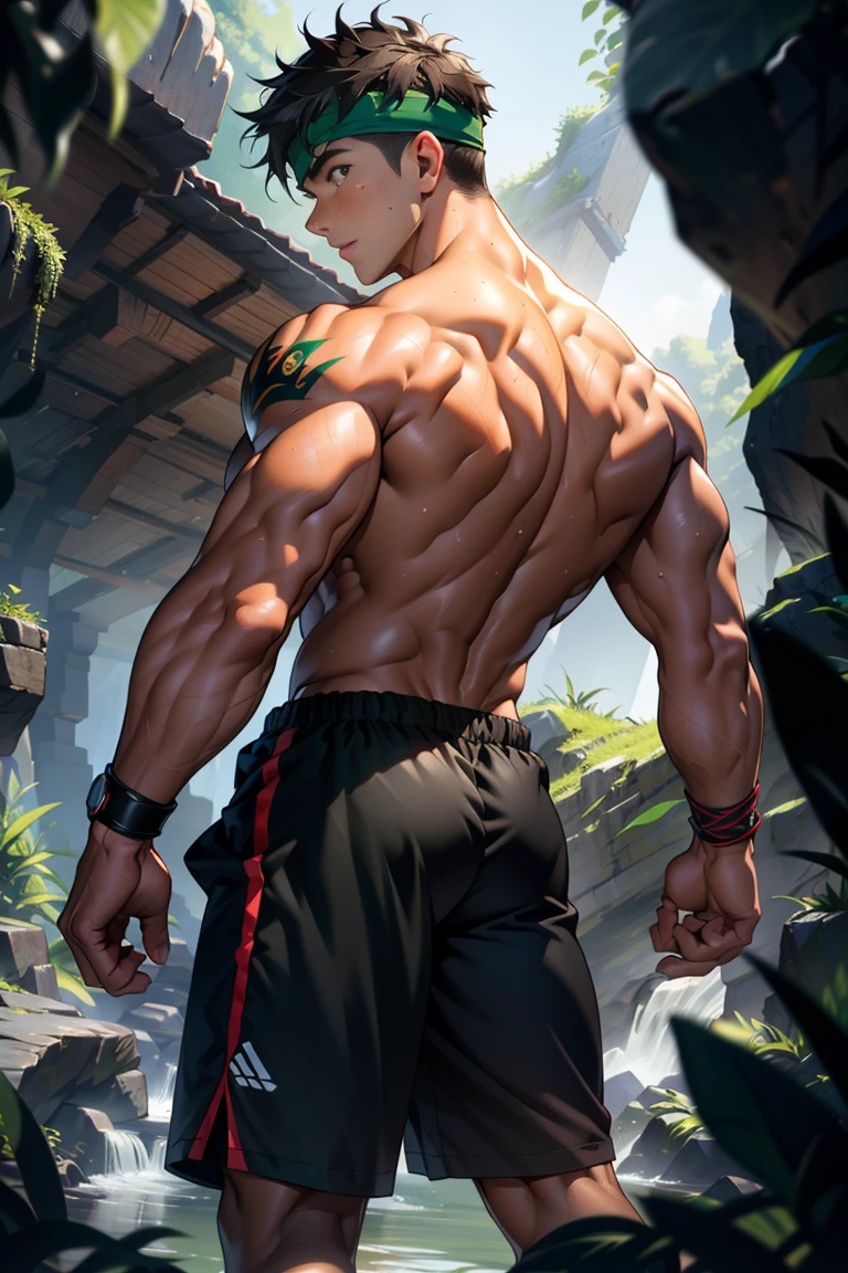 (Masterpiece, Best quality, 18 year old boy, 8k, ultra-detailed), (from behind, looking away, upper body, worm eyes, thin lips), 1 boy, solo, Young, (teenager), (Dark Short straight hair, under cut), black eyes, full bodyesbian, (Shirtless), topless, (Green headband), (sandals), (Black shorts, loincloth), (Depth of field:1.2), (Abs), (chest), (upper arms), (black wristband), (topless male), man with martial arts stance, athretic body, (inside dark caves, foggy, night), High Kick