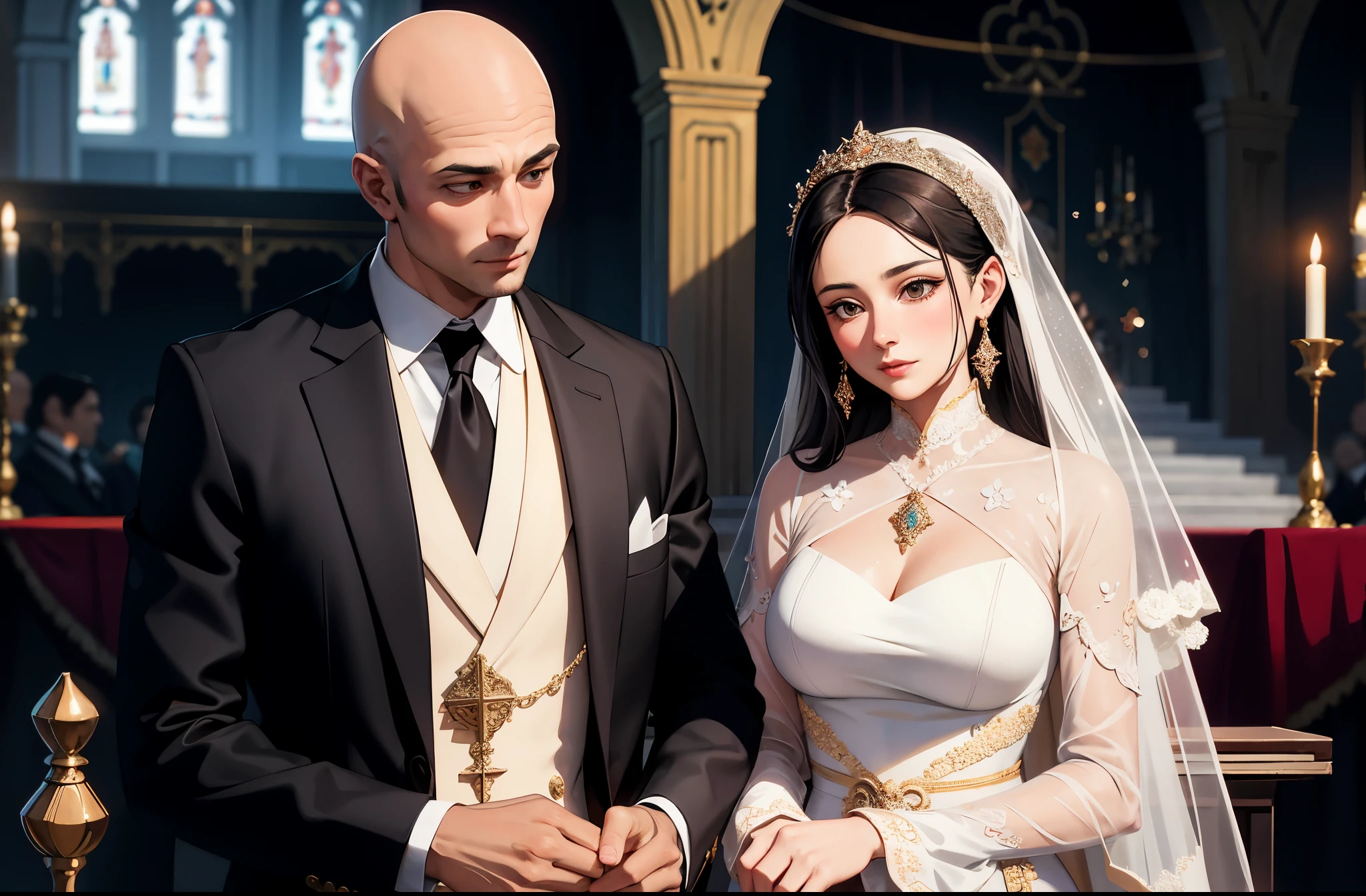 A Georgian couple dressed in elegant attire are standing hand in hand at the beautifully adorned wedding altar. The man is bald while the woman has beautiful black hair. The image, captured in a breathtaking painting, radiates the soft hues of pastel colors, giving it a tranquil and romantic atmosphere. The couple's youthful features are highlighted by the pristine laces and delicate embroidery adorning their garments, reflecting the richness and sophistication of the Georgian orthodox church. This exquisite masterpiece portrays the timeless love shared between the couple, evoking a sense of pure grace and refined beauty