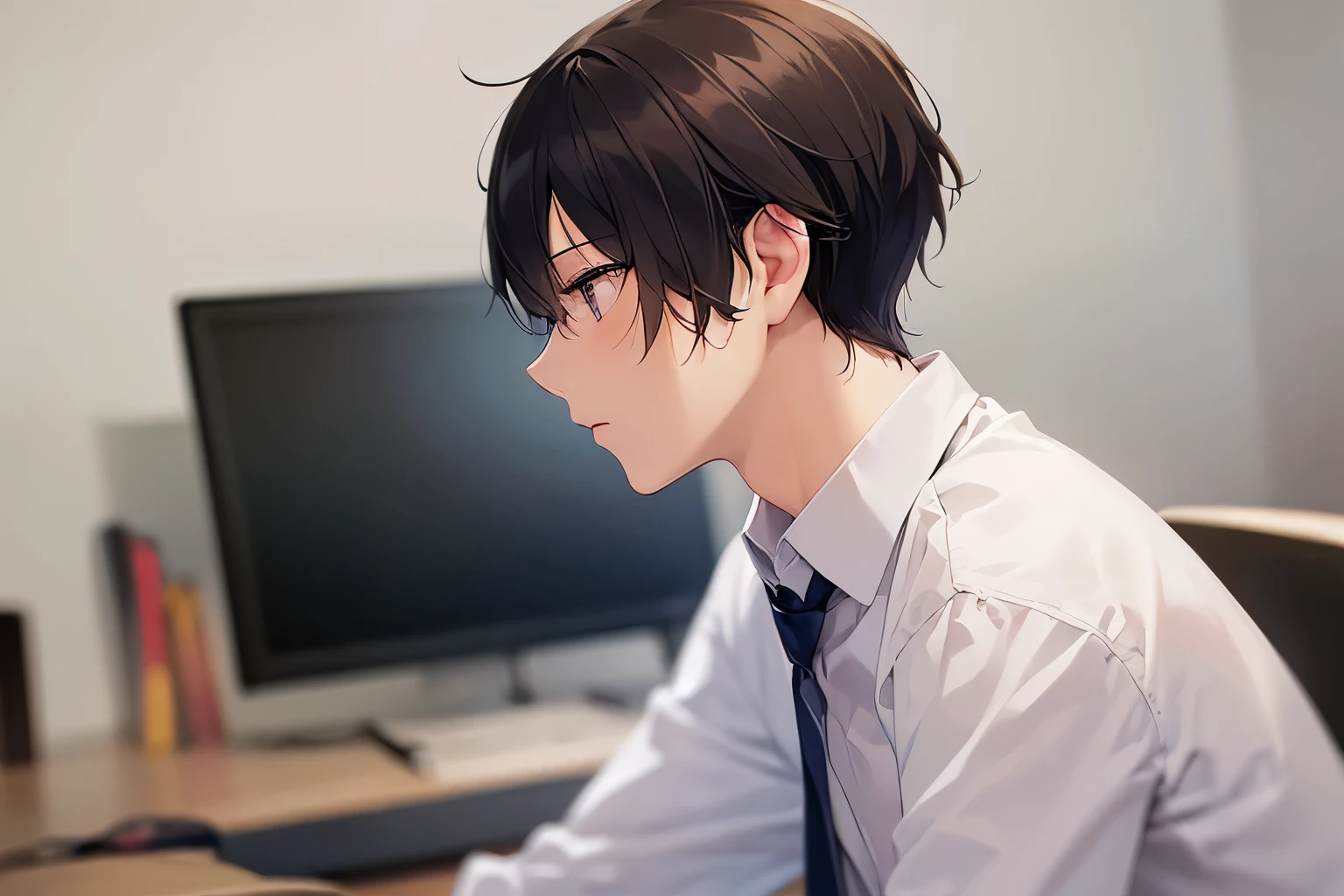 side angle, (looking away:1.5), masterpiece、high quality、25-year-old man with short black hair and green eyes、wearing a suit、wearing a white shirt、Wearing a tie、(Alone:1.5)、(Expressionless:1.1)、The background is an office、computer、bold composition、