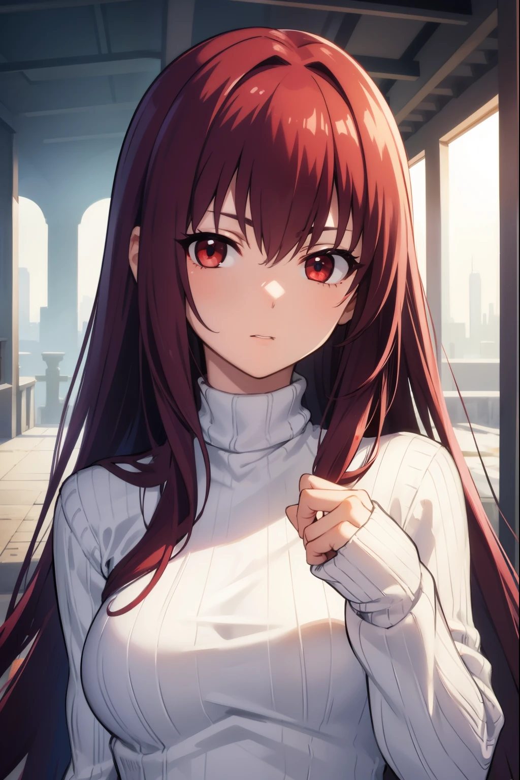 scathach, scathach, long hair, purple hair, (Red eyes:1.5),
BREAK long sleeves, ribbed sweater, sweater, turtleneck top, turtleneck top sweater, white sweater
BREAK outdoors, city,
BREAK looking at viewer, 
BREAK (masterpiece:1.2), Best quality, a high resolution, Unity 8k Wallpaper, (illustration:0.8), (beautiful detailed eyes:1.6), very detailed face, perfect lighting, Extremely detailed computer graphics, (perfect hands, perfect anatomy),