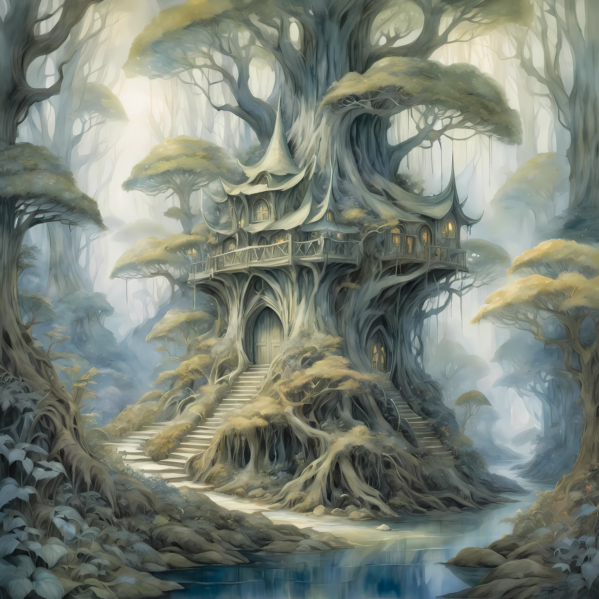 Elven Forest Haven, where slender, silver-haired elves engage in enchanting activities among towering, luminescent trees. Painted in a Watercolor style inspired by the dreamlike works of Brian Froud and Alan Lee, featuring soft color transitions and intricate detailing reminiscent of classic fantasy art.