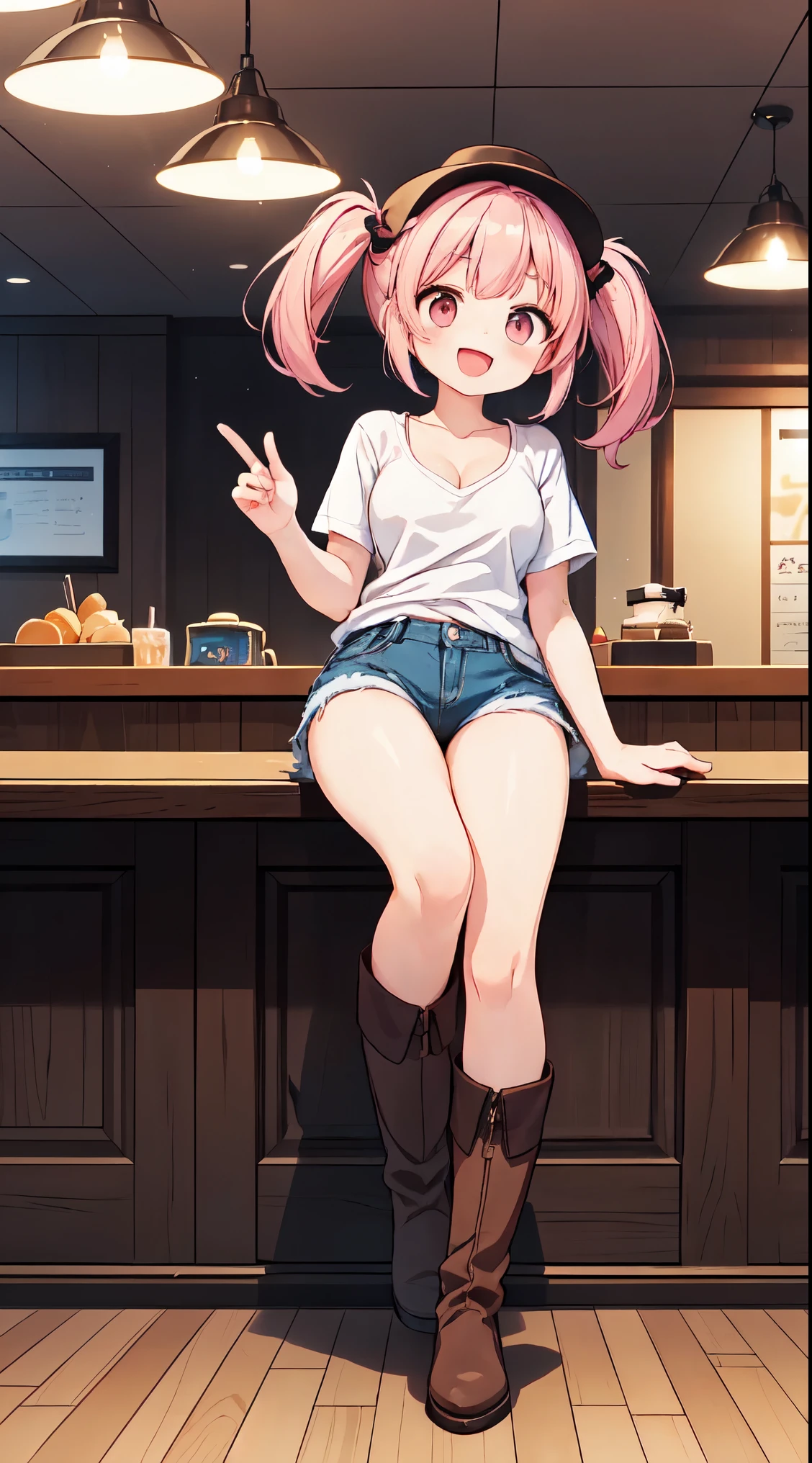 (super fine illustration:1.2),(masterpiece, 8k), (best quality, high quality:1.4), perfect anatomy, hyper detailed, ultra detailed,masterpiece background,beautiful detailed background, v8k wallpaper,perfect design,award-winning art,atmospheric,
BREAK, 1 beautiful girl, Solo,(Cute:1.5),(Chibi:0.8), (kawaii:1.5),(:0.5), BREAK, (girl, Cute, Cheerful, face, medium breasts:1.2),(Pink hair,disheveled short twin tails,tareme,Gold eyes:1.2),gleaming skin,Clear skin, cleavage of the breast,Beautiful , gleaming skin,Clear skin, Beautiful skin,( A smile:1.5),(best quality face),(Top quality glowing eyes),(The best smile,:D:1.45),
BREAK, On the stage of an old bar, a very beautiful woman is sitting on a chair, playing the guitar and singing.A very beautiful woman is wearing a cowboy hat, a white t-shirt, denim shorts, and cowboy boots, with her legs crossed. ,
BREAK,wakame,wakame,wakame,(looking up,from front ,full body shot:1.5) ,
BREAK,(Blurry background:1.3),(absurderes, hight resolution, Super Detail Art),cel shading,Clear Color, Lonely optical effect, Beautiful pictures, Bright glow, mystic atmosphere,(Close-up of girl:1.1), Mystical light particle effect,manga influence, clean line drawings,