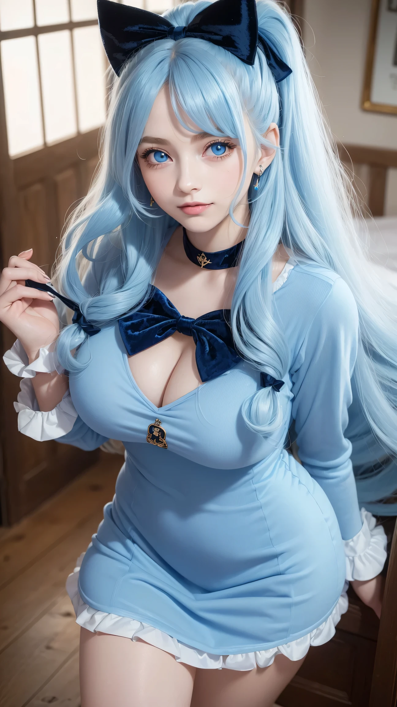 Female ((20year old)), hair ((long, wavy, light blue)), eyes((blue, big eyes)), clothes ((velvet, mini dress, Versache Logo)), accessories ((hair bow, chocker)), gigantic breast, oppai, seductive smile, smiling, pirates ship, sea, harbor, lipgloss,