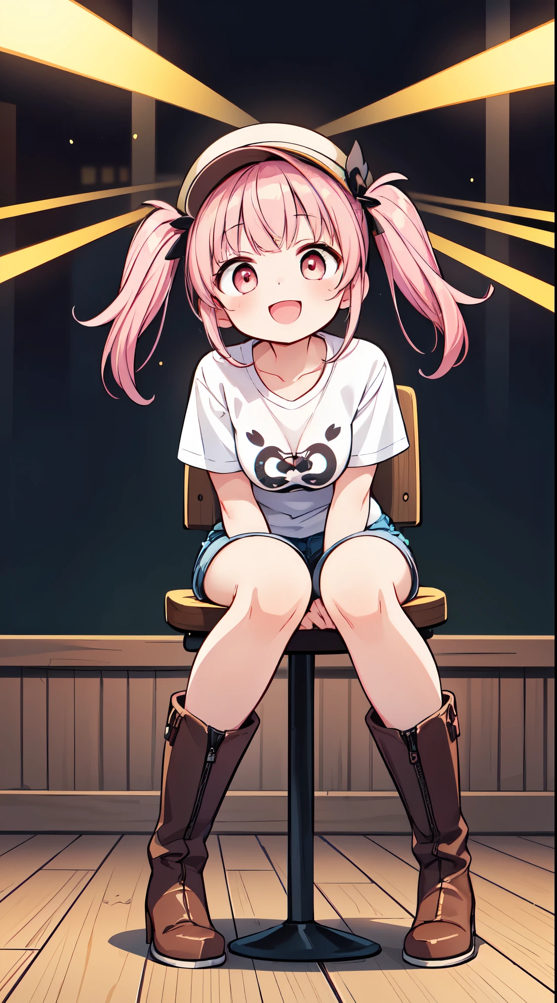 (super fine illustration:1.2),(masterpiece, 8k), (best quality, high quality:1.4), perfect anatomy, hyper detailed, ultra detailed,masterpiece background,beautiful detailed background, v8k wallpaper,perfect design,award-winning art,atmospheric,


BREAK,  1 beautiful girl, Solo,(Cute:1.5),(Chibi:0.8), (kawaii:1.5),(:0.5), BREAK, (girl, Cute, Cheerful, face, medium breasts:1.2),(Pink hair,disheveled short twin tails,tareme,Gold eyes:1.2),gleaming skin,Clear skin, cleavage of the breast,Beautiful , gleaming skin,Clear skin, Beautiful skin,( A smile:1.5),(best quality face),(Top quality glowing eyes),(The best smile,:D:1.45),

BREAK, On the stage of an old bar, a very beautiful woman is sitting on a chair, playing the guitar and singing.A very beautiful woman is wearing a cowboy hat, a white t-shirt, denim shorts, and cowboy boots, with her legs crossed. ,

BREAK,wakame,wakame,wakame,(looking up,from front ,full body shot:1.5) ,


BREAK,(Blurry background:1.3),(absurderes, hight resolution, Super Detail Art),cel shading,Clear Color, Lonely optical effect, Beautiful pictures, Bright glow, mystic atmosphere,(Close-up of girl:1.1), Mystical light particle effect,manga influence, clean line drawings, 