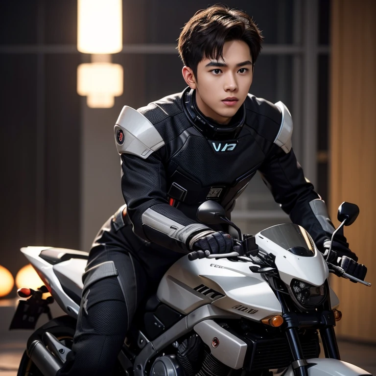 fking_scifi, black pilot suit with yellow accents, brown hair (gray eyes: 1.35), Thai guy, handsome teenager, rides a cool motorcycle, bokeh, mass effect, long distance, fullbody image fking_cinema_v2