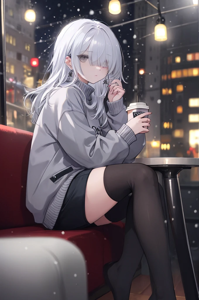 ((masterpiece:1.4, best quality:1.2)), 1girl, solo focus, beautiful skin, white sweatshirt, long white hair, grey eyes, black legwear, sitting, earrings, piercing, coffee shop window, night, snowing, cityscape, tall female, beautiful and delicate female, comfy ambience, {correct posing}, {detailed background}, a miniskirt, hair over one eye