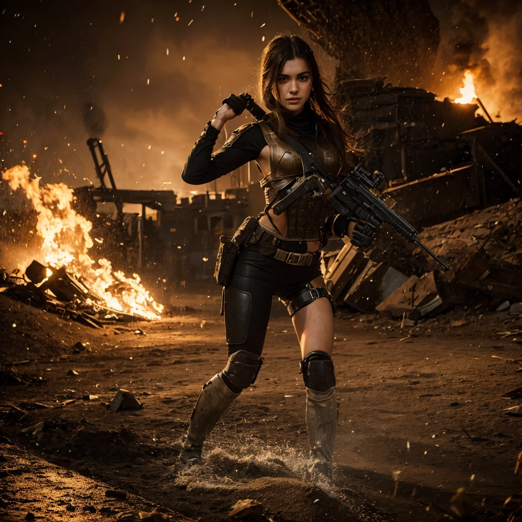 create a realistic image of a  girl (DashaX2) in a combat suit fighting a mutant on the battlefield