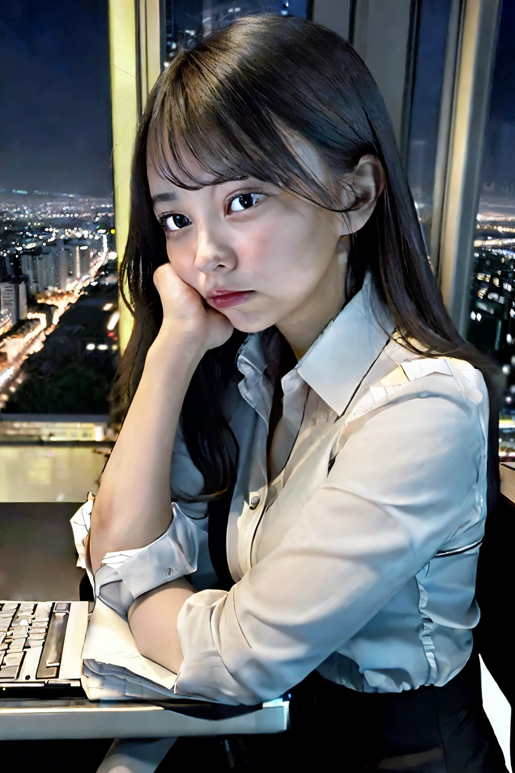 An image of a professional woman sitting at an officce desk at night.Thecityscape is visible in the background with lights spread out in the distance.She is gazing at the computer monitor,her face propped up by her right hand.There are crumpled papers scrattered on the desk,suggesting deep thought of frustraction.The scene symbolizes a professional workinglate,engrossed in her tasks with the urban night lights sprawling behind her.