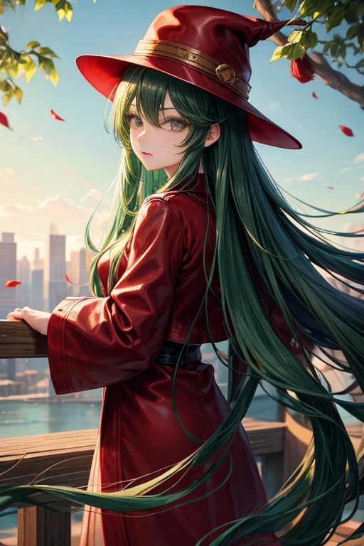 red hat、red long leather coat、long hair、Deep green hair、26 years old、fantasy、eyes are long、long eyelashes、highest quality、masterpiece、eyes are deep green、Tsundere、Beautiful woman、small breasts、beautiful eyes、