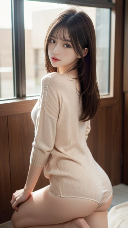 (realistic, realistic: 1. 3),dynamic pose,put your hand on your chest,spread your legs,dynamic angle,looking at the viewer,whole body,Bend down and look back, 1 girl, alone, whole body,Tunic sweater,panties,shoulder short hair,silky hair,