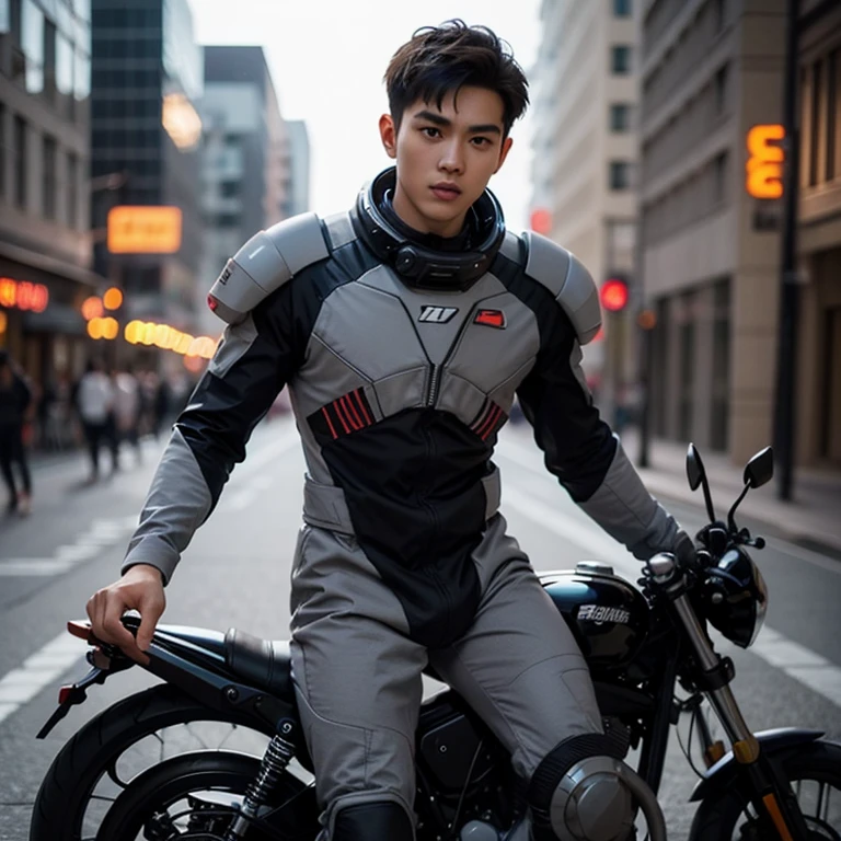 fking_scifi, black pilot suit with red accents, brown hair (gray eyes: 1.35), Thai guy, handsome teenager, rides a cool motorcycle, bokeh, mass effect, long distance, fullbody image fking_cinema_v2