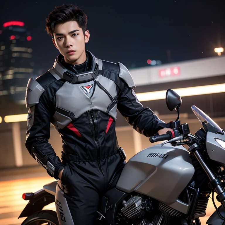 fking_scifi, black pilot suit with red accents, brown hair (gray eyes: 1.35), Thai guy, handsome teenager, rides a cool motorcycle, bokeh, mass effect, long distance, fullbody image fking_cinema_v2
