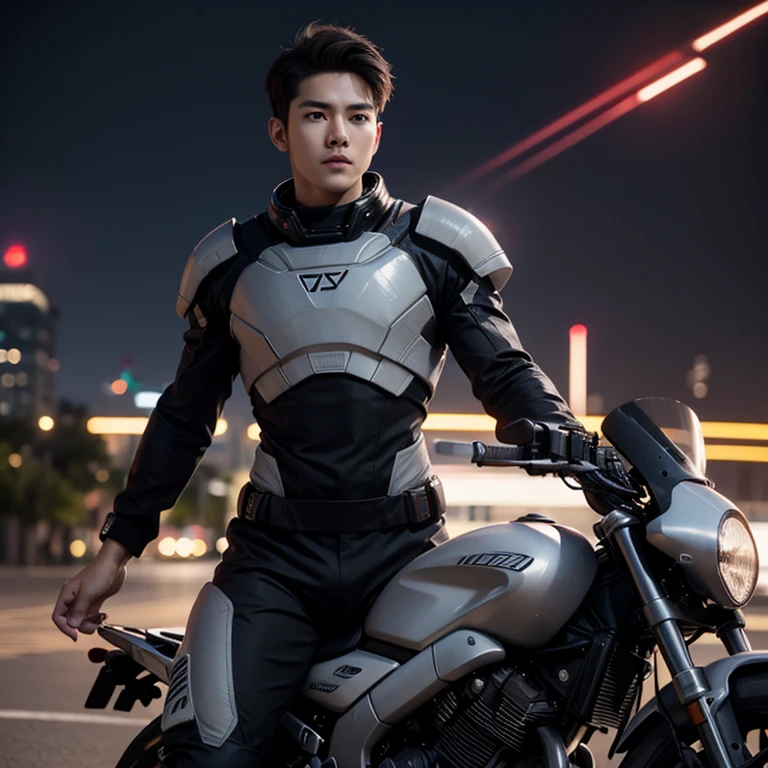 fking_scifi, black pilot suit with red accents, brown hair (gray eyes: 1.35), Thai guy, handsome teenager, rides a cool motorcycle, bokeh, mass effect, long distance, fullbody image fking_cinema_v2