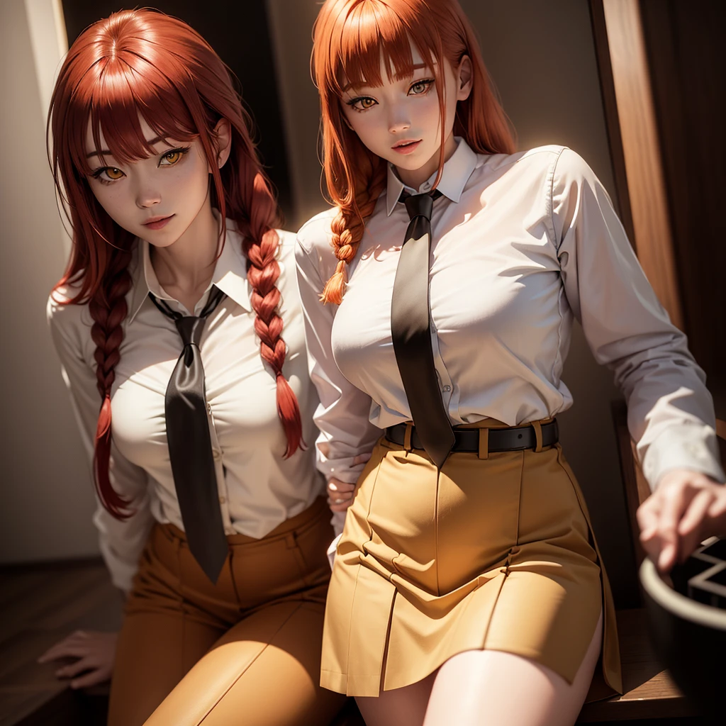 masterpiece, (photorealistic:1.4), best quality, beautiful lighting, (ulzzang-6500:0.4), makima \(chainsaw man\), (red hair)+(long braided hair)+(bangs), yellow eyes, golden eyes, (ringed eyes), (white shirt), (necktie), RAW photo, 8k uhd, film grain ,shit lift,skirt lift,smile,18years old,