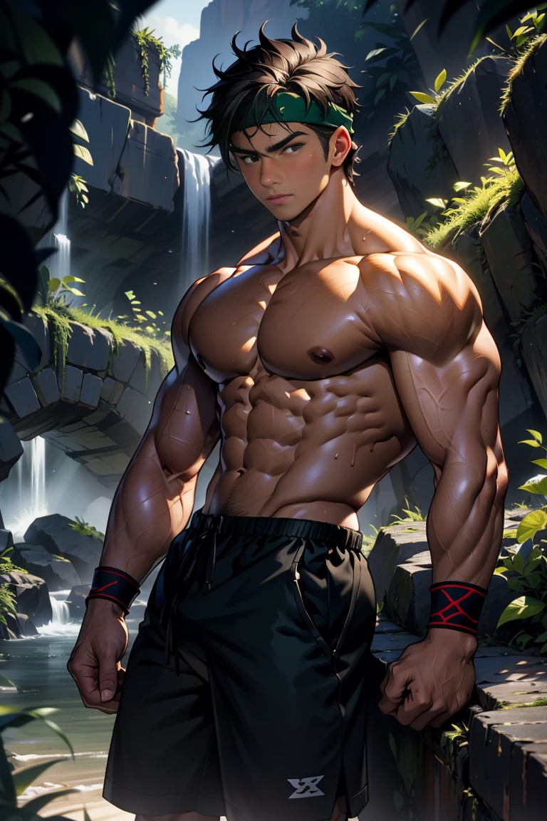 (Masterpiece, Best quality, 18 year old boy, 8k, ultra-detailed), (looking away, upper body, worm eyes, thin lips), 1 boy, solo, Young, (teenager), (Dark Short straight hair, under cut), black eyes, full bodyesbian, (Shirtless), topless, (Green headband), (sandals), (Black shorts, loincloth), (Depth of field:1.2), (Abs), (chest), (upper arms), (black wristband), (topless male), man with martial arts stance, athretic body, (inside dark caves, foggy, night), High Kick