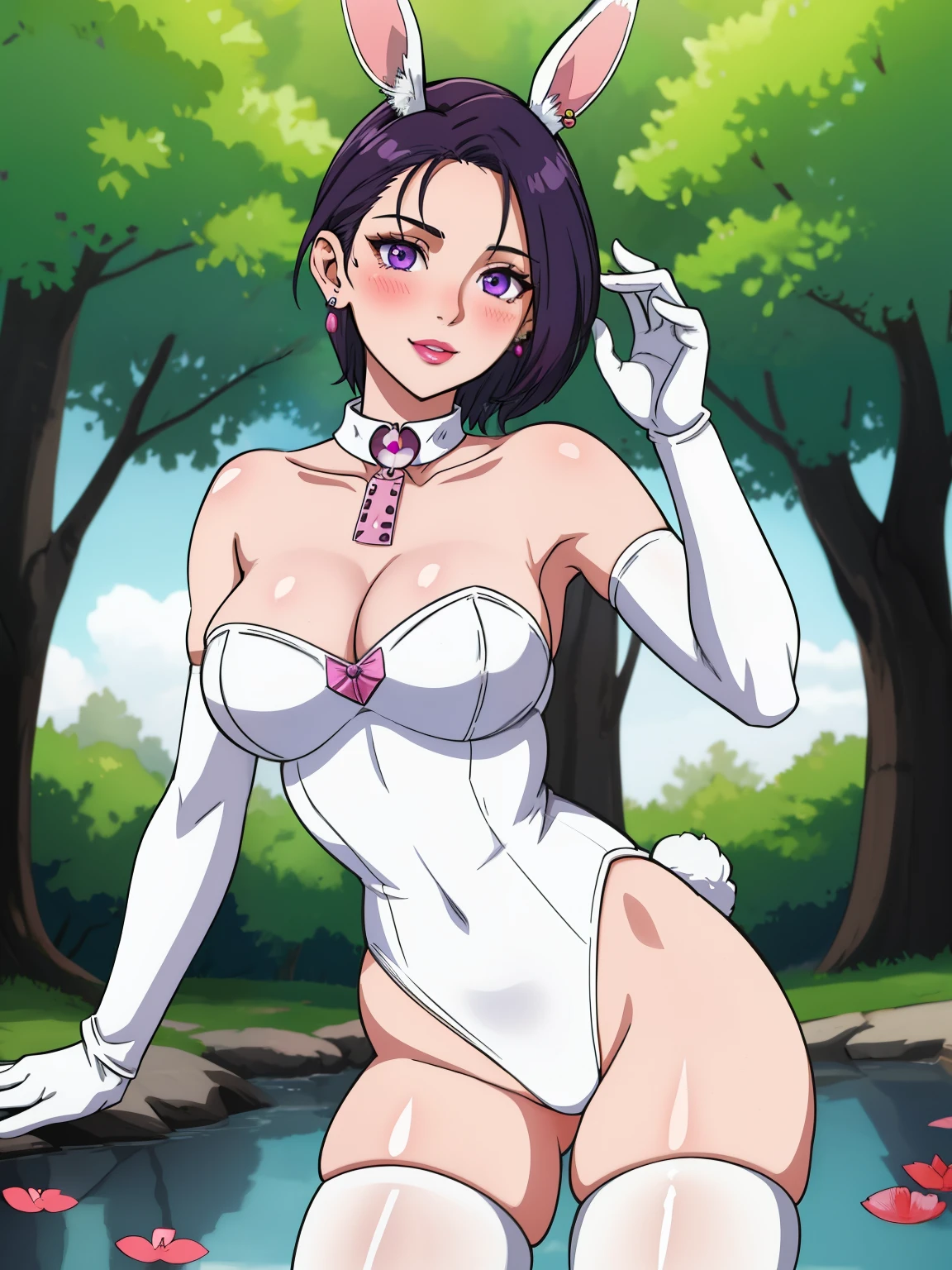 1girl, defShamir, collar ,lipstick, purple eyes, blue eye shadow, solo, perfect breasts, earrings glossy lips ,looking at viewer, blush, large breasts, nature, pond, trees, park, long white elbow satin gloves, holding, animal ears, cleavage, bare shoulders, jewelry, very l, gentle smile, pantyhose, earrings, fake rabbit ears, leotard, fake animal ears bunny, long white elbow gloves, white gloves, cowboy shot, sexy poses