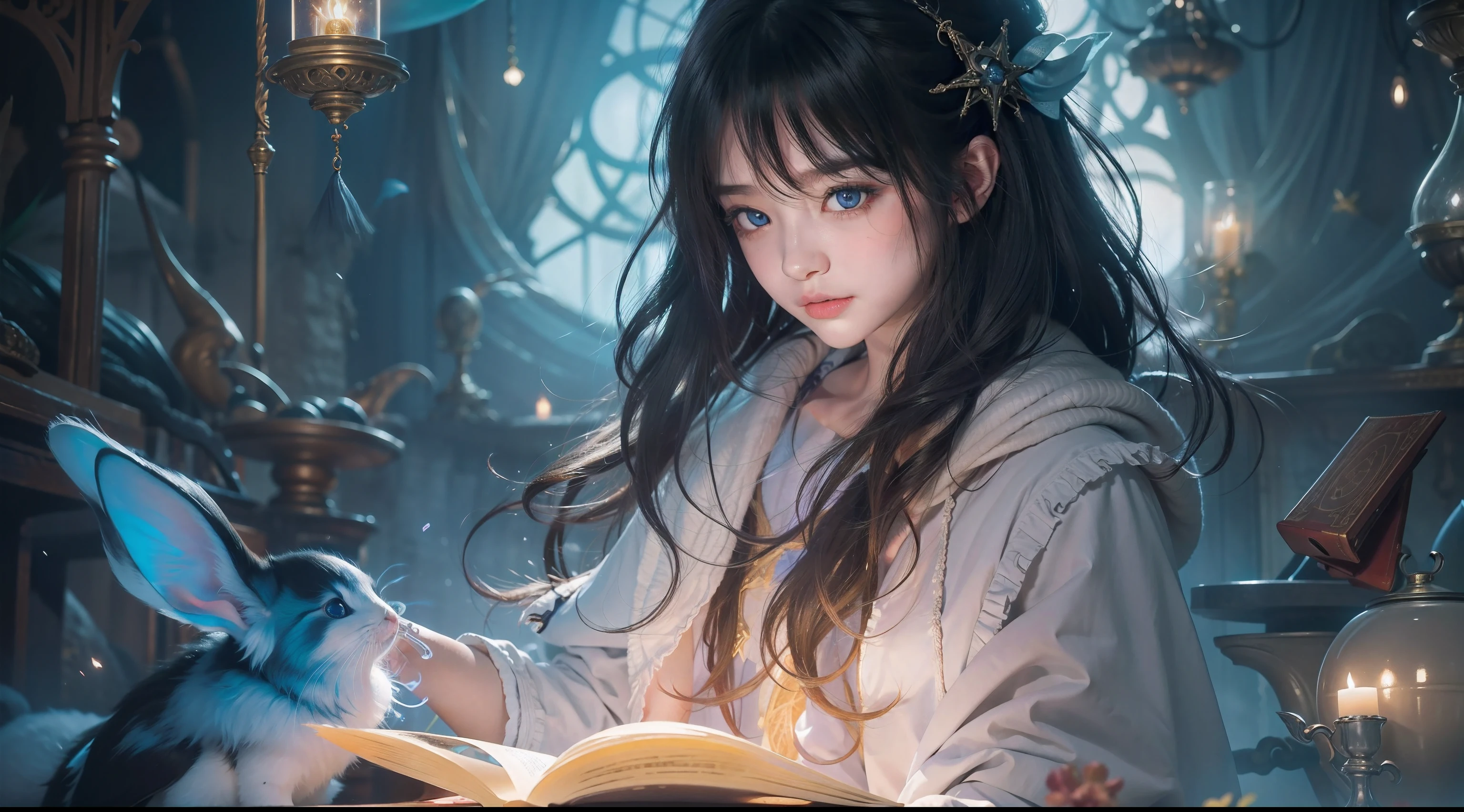 Magic Book,Blood,Night, Dark, (Fantasy),infinite,deep blue sky,The abyss of knowledge,Cowledge,((masutepiece)), (((Best Quality))),((Beautiful fine eyes)),(Eye lashes)、Very beautiful face、Beautiful girl riding a huge rabbit、(1人)、Black hair、The long-haired、abyss eyes、glowy skin、oils、small 、Perfect human body structure、Wizard robes、tattered cloth、Realistic coat、Tee、Super delicate CG Unity 32k wallpaper、masterpiece, ((ultra-detailliert)), ((illustratio)),colourfull,wall-paper,The energy,Unknown terror,Incomprehensible,Around the magic,Magical surroundings,magic wands,Boken,Flying pages,Know everything,Predict the future、Get to know the past、Infinite wisdom、blue flames、Warlock、magic circles、Pentagram、Spells、mantra、Singing magic