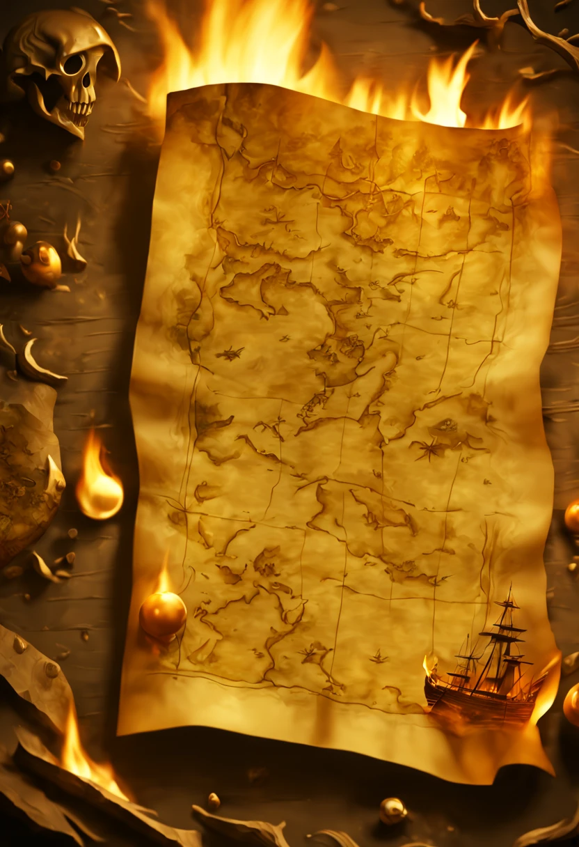 Old, burned up, treasure map 8k resolution, photoillustration, surrealism, volumetric lighting