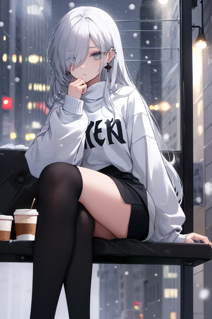 ((masterpiece:1.4, best quality:1.2)), 1girl, solo focus, beautiful skin, white sweatshirt, long white hair, grey eyes, black legwear, sitting, earrings, piercing, coffee shop window, night, snowing, cityscape, tall female, beautiful and delicate female, comfy ambience, {correct posing}, {detailed background}, a miniskirt, hair over one eye