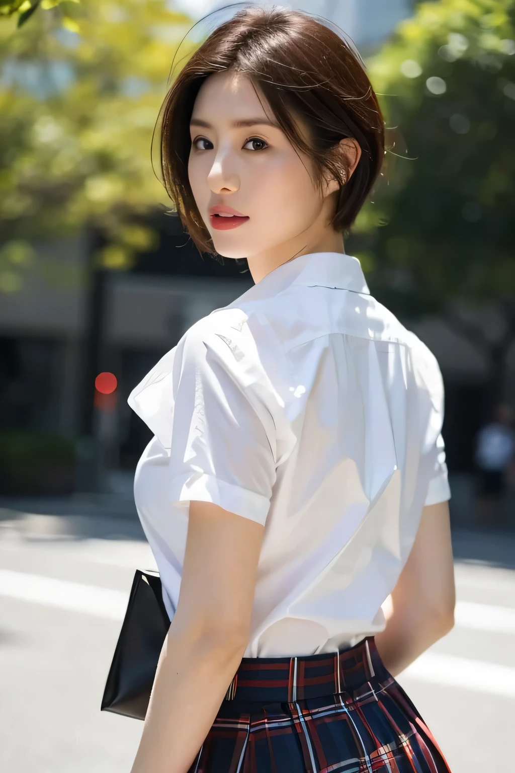 (highest quality,8K,masterpiece),
Very beautiful Japan models,fine skin,realistic skin, lip gloss,rouge,
very short hair,pixie cut,
School_uniform, 大き目のイヤリング
big breasts,peach,
plaid skirt, white shirt, big breasts,emphasize cleavage,