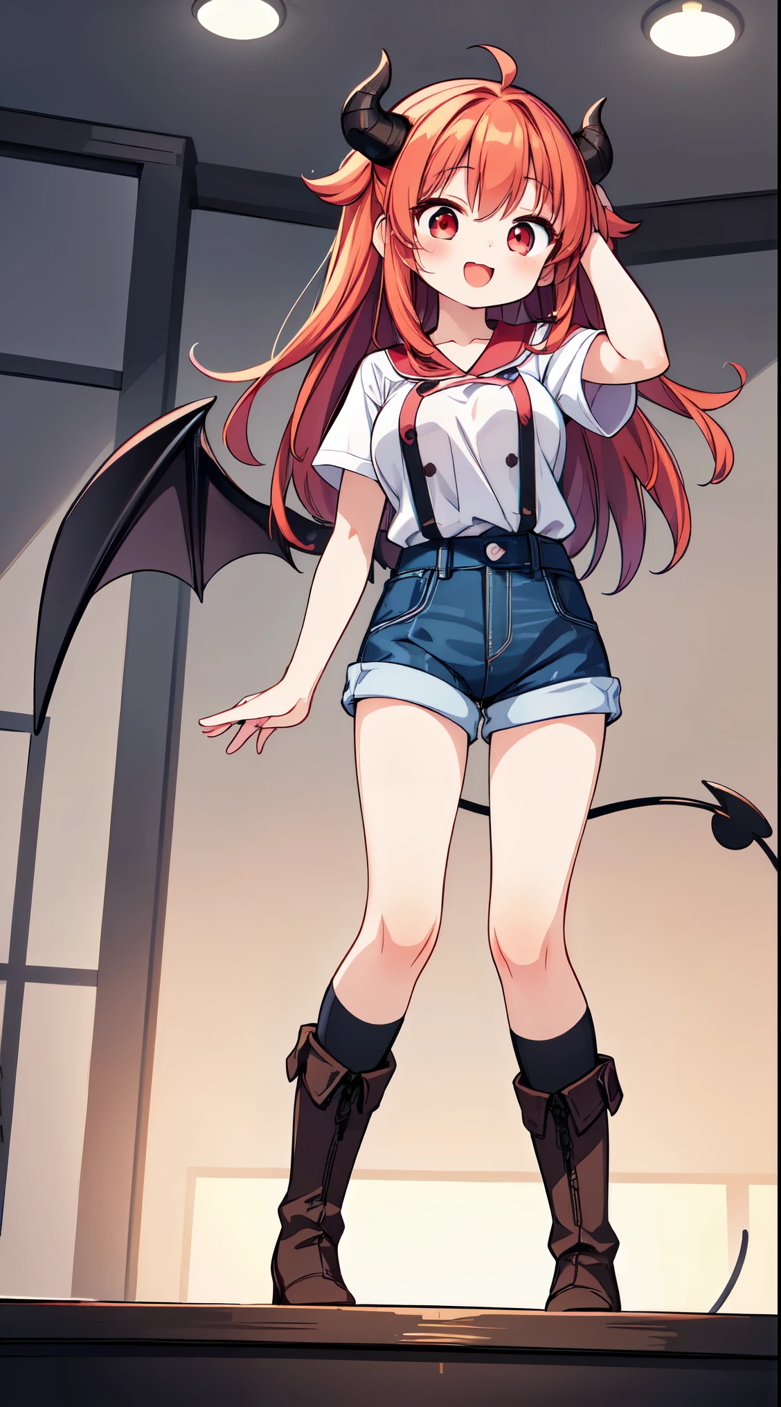 (super fine illustration:1.2),(masterpiece, 8k), (best quality, high quality:1.4), perfect anatomy, hyper detailed, ultra detailed,masterpiece background,beautiful detailed background, v8k wallpaper,perfect design,award-winning art,atmospheric,
BREAK, 1 beautiful girl, (Beauty:1.5),(Chibi:0.5),(kawaii:2.0),(Cool:2.0),(17 year old girl),(Solo:1.65),BREAK, (huge-breasted:1.35), Clear skin, Beautiful skin, Shy, 1 beautiful woman,Demons,Colossal tits(Hair Bow, Red hair, Long hair, flipped hair, hair messy,Wings of an angel on the back, Demon King's horn on the head:1.2), (Red Eyes, long eyelashes, Double eyelids: 1.2), Shiny skin,de pele branca,dial,(best quality face),(Top quality glowing eyes),(Doya face,brave face:1.45),(The best smile,:D:1.45),
BREAK, On the stage of an old bar, a very beautiful woman is sitting on a chair, playing the guitar and singing.A very beautiful woman is wearing a cowboy hat, a white t-shirt, denim shorts, and cowboy boots, with her legs crossed. ,
BREAK,wakame,wakame,wakame,(looking up,from front ,full body shot:1.5) ,
BREAK,(Blurry background:1.3),(absurderes, hight resolution, Super Detail Art),cel shading,Clear Color, Lonely optical effect, Beautiful pictures, Bright glow, mystic atmosphere,(Close-up of girl:1.1), Mystical light particle effect,manga influence, clean line drawings,