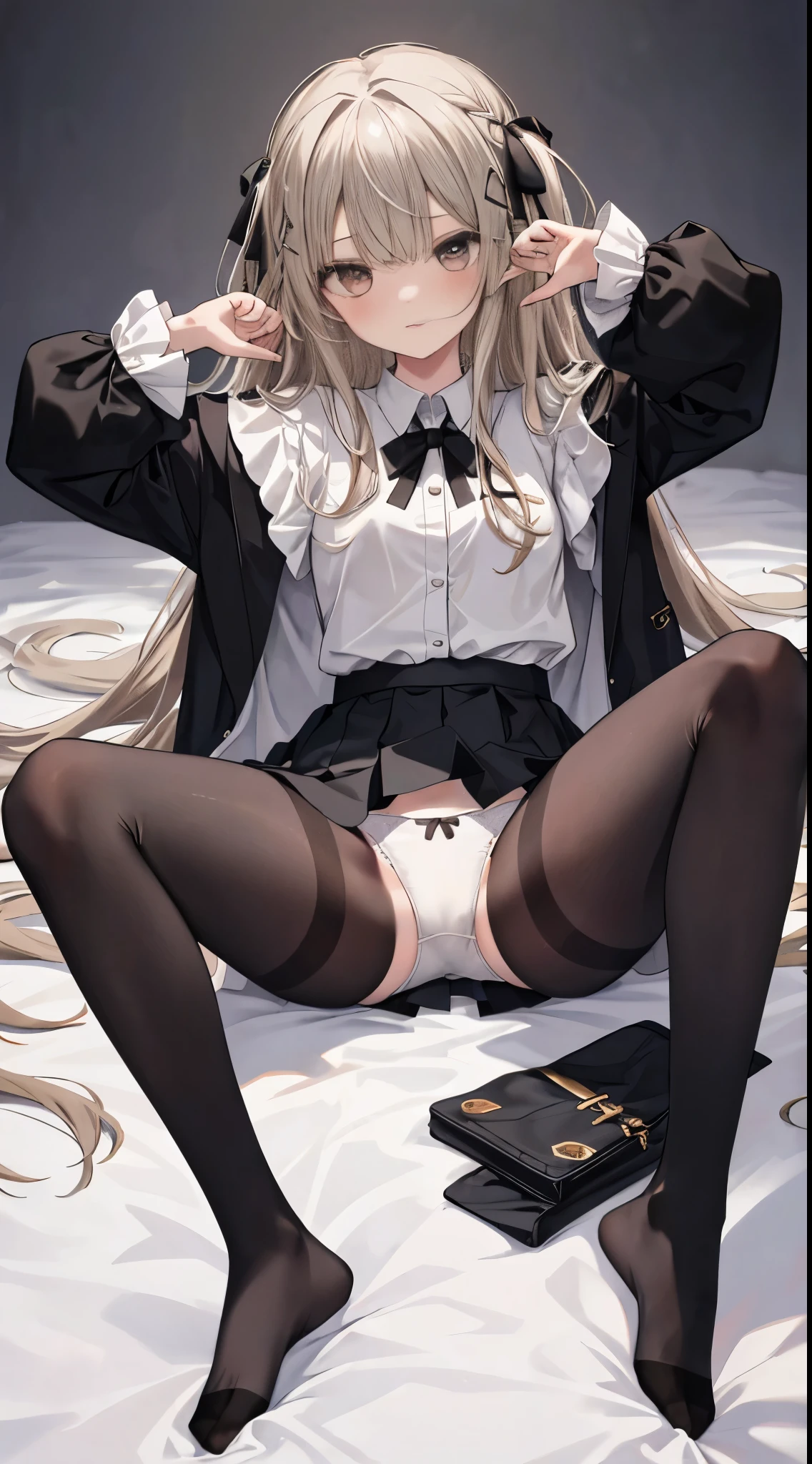finest, masterpiece, High resolution, (Full body view from head to toe), front, frontやや下からの構図, Symmetrical, 18 year old girl, alone, (whole body from head to toe), small breasts, brown hair, slightly messy hair, long hair, bangs, (black tights), ( (black pantyhose), black pantyhose, (squating pose), (spread legs), (Her legs are spread and her white panties are visible between her legs.), composition show me your white panties, slender beautiful legs, とても美しい18 year old girl, (not wearing shoes), blush, shy big eyes, messy hair, looking at camera, show me your white panties, Pure white underwear