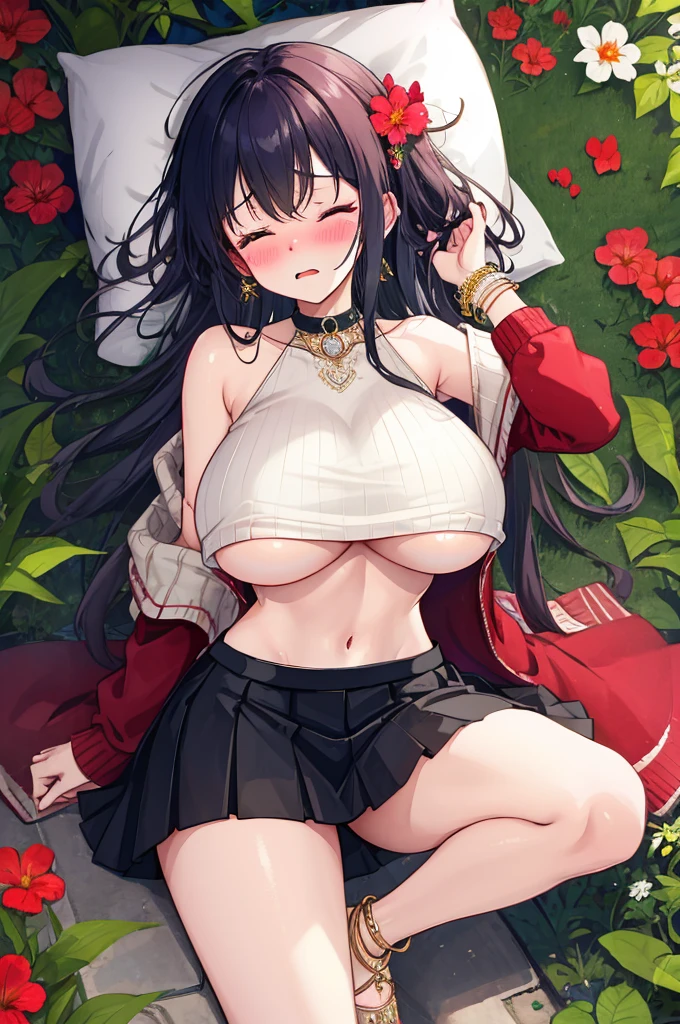 A woman with big ，Gorgeous MILF，clavicle，Prominent and smooth underboob，exquisite，Sweater skirts，Intricate details，Complex textures，pubic，anklet，(blush:1.2)，eyes closed，coma，shed tears，Fear，Drunk，garden，