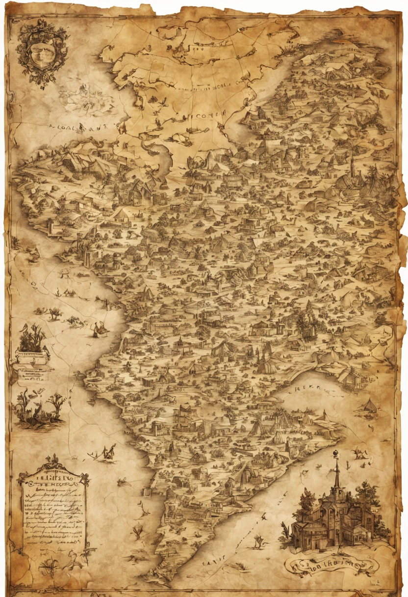(a worn-looking parchment map),(a tattered and weathered piece of paper),(an ancient and fragile treasure map),(meticulously hand-drawn with faded ink),(showing intricate pathways and landmarks),(indicating a hidden treasure location),(leading through treacherous terrains and mysterious forests),(with jagged edges and torn corners),(resembling a relic from a bygone era),(radiating an aura of mystery and adventure),(giving a glimpse into a long-lost world).

The map's surface is textured, with delicate creases and uneven spots add to its authenticity. The burnt edges suggest a history of danger and excitement, enhancing the map's allure. The map is slightly yellowed with age, evoking a sense of time passing by.

The resolution of the image is a stunning 8k, providing an astonishing level of detail and clarity. Every line, every contour, and every symbol on the map is incredibly sharp and lifelike, immersing the viewer in its world.

The artistic style of the image is a mesmerizing blend of photoillustration and surrealism. It combines the realism of a photograph with the dreamlike quality of a painting, creating a captivating visual experience. The surreal elements add an intriguing twist to the map, amplifying the sense of adventure and excitement.

Volumetric lighting casts soft beams of golden light onto the map, creating a mystical atmosphere. The light wraps around the contours of the map, adding depth and dimensionality to the image. Shadows are gently scattered, enhancing the overall visual impact.

The color palette is rich and vibrant, with warm earth tones dominating the scene. Hues of deep brown, golden yellow, and burnt orange evoke a sense of antiquity and discovery. A subtle touch of green and blue brings to life the lush forests and hidden rivers depicted on the map.

In the distance, a faint glow emerges, hinting at the hidden treasure's location. The light casts a gentle illumination on the surrounding landscapes, revealing intriguing details and unexplored paths. It beckons the viewer to embark on a thrilling journey into the unknown.

This prompt captures the essence of an old, burned-up treasure map in an 8k resolution photoillustration with surrealism elements. The volumetric lighting and captivating color palette add depth and mystery to the image, inviting the viewer to embark on a journey of exploration and adventure.