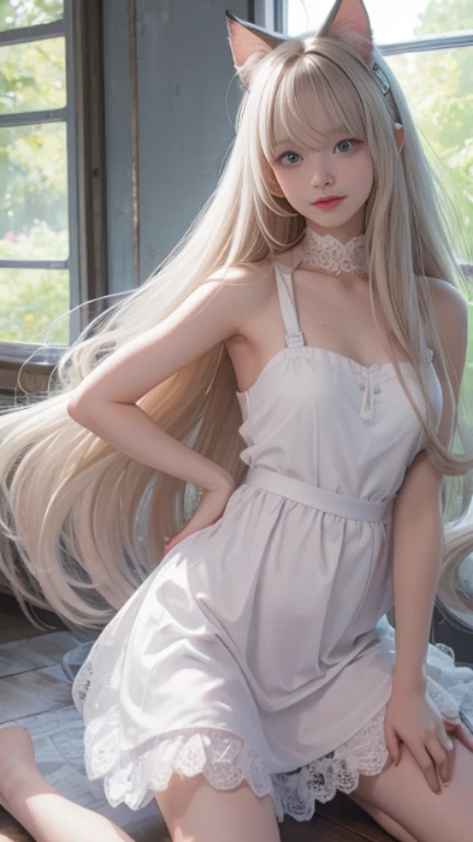 full body, laugh together, bright look、photorealism、highest quality、ultra high resolution、photograph、絶妙に美しい北欧生まれの女の子のphotograph、extraordinary beautiful girl、Detailed cute and beautiful face、(Pure Eros Face_v1:0.008)、beautiful bangs、alice in wonderland、18-year-old、glowing white shiny skin、Flow of hair that extends to the face、bangs between the eyes、super long hair、Attractive light and dark platinum blonde super long straight silky hair、thin hair、Charming shining beautiful bright clear light blue big eyes、white apron、yellow dress、eyeliner、double eyelids、rich bust、two girls、cat ears、great laugh togetherter、short skirt、White lace underskirt、pink panties、