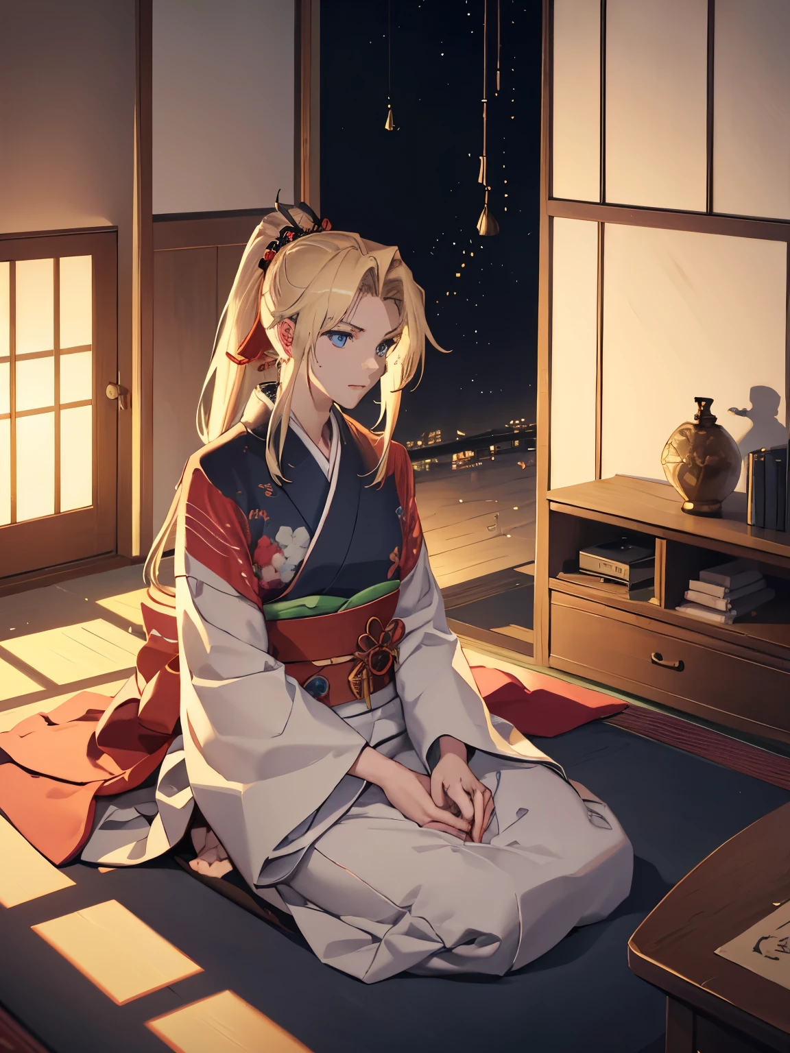 1man，Masculinity，blond hair，ponytail，blue eyes，no bra，A Japanese-style room，late at night，alone，kimono，Sitting
