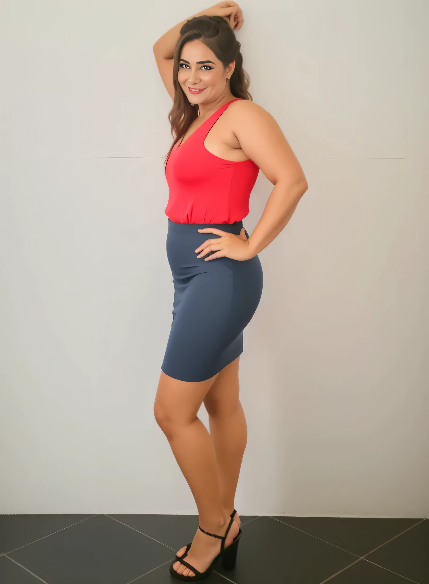 there is a woman with a red blouse and blue skirt posing, usando roupas simples e apertadas, foto de corpo inteiro, pose lateral, foto da roupa, com uma saia vermelha, dark azul e vermelho, usando uma regata e saia, foto de corpo inteiro, roupa apertada, azul e vermelho, saia curta, traje apertado, foto lisonjeira, tiro lateral, pose de perfil de corpo inteiro