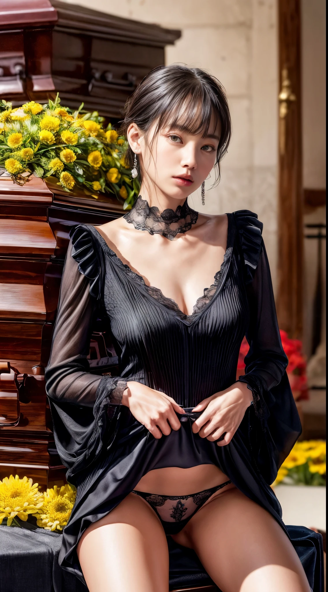 cowboy shot、(short hair with bangs)、black hair、(Trailing hair)、((widow))、((black long sleeve mourning dress))、(((Japanese style room)))、((((funeral))))、black formal wear、highest quality,(RAW photo:1.2)、(realistic:1.4),(High resolution:1.4), 1 girl, written boundary depth,, intricately detailed,8K, very detailed, perfect lighting, epic background、((delicate pictures)),(の詳細なRAW photo),(highest quality:1.6), (超High resolution:1.5), (realistic:1.75), 8K resolution, Canon EOS R5, 50mm, Super detailed,cinematic lighting,correct finger、sit、((spread legs))、((((skirt lift))))、Bright green panties、pearl necklace、Pearl Earrings、(clothes that cover the chest)、((There is a coffin))、((Clothing with low exposure))、(A bouquet of chrysanthemums is displayed on the altar.)、candlestick、