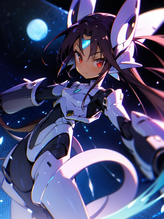 Masterpiece, best quality, highres, amazing quality, devouring the starry sky, tenchi muyo, (mega mewtwo y), flat chested, (male), (8  boy), (shota), (Dark skin), cute, red eyes, very long dark brown hair, blue gem on forehead, white mecha musume armour, white exosuit armour, black powersuit, white mecha armour legging, mechanical tail, badass, cool, shounen, close up, adorable smile,