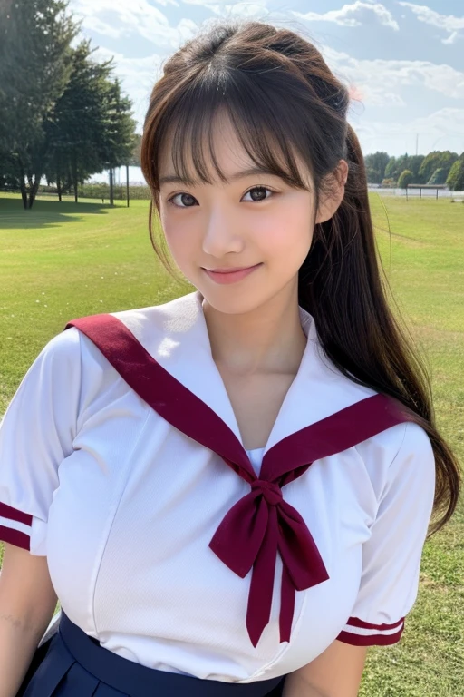 {{{ultra high res}}}, (photorealistic:1.4), (high quality), {hyper realistic}, looking at viewer, japanese young lady, 19 years old, 1girl, solo, (gigantic breasts:1.3), sailor school uniform. Beautiful face. big bust. sweat, smile, long hair, brown hair, (full shot)