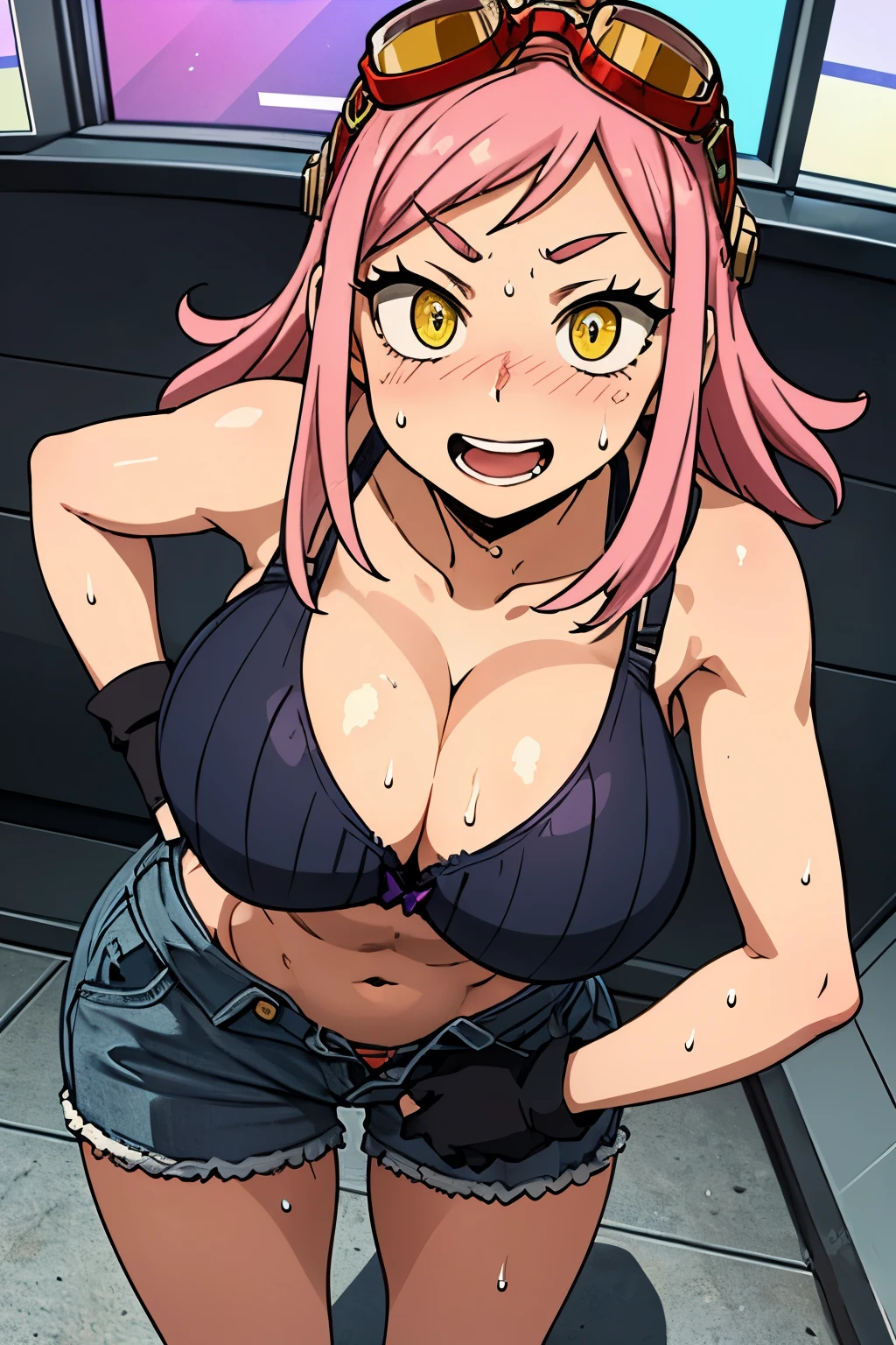 Hatsume Mei, (yellow eyes:1.5), pink hair, medium hair, (pupil in the shape of a symbol:1.5), gloves, No sleeve, BLACK gloves, Tank top, goggles, goggles ON HEAD, PARTIALLY FINGERLESS gloves, clothes around the waist, ribbed shirt, 1 girl, alone,Face-to-face audience, looking at the viewer, smile,(large breast:1.6),full bust,(cleavage:1.5),open mouths,bent over,(shirt lift),((show off bra)),(toned stomach), breath,sweat,wet,smirk,nose blush